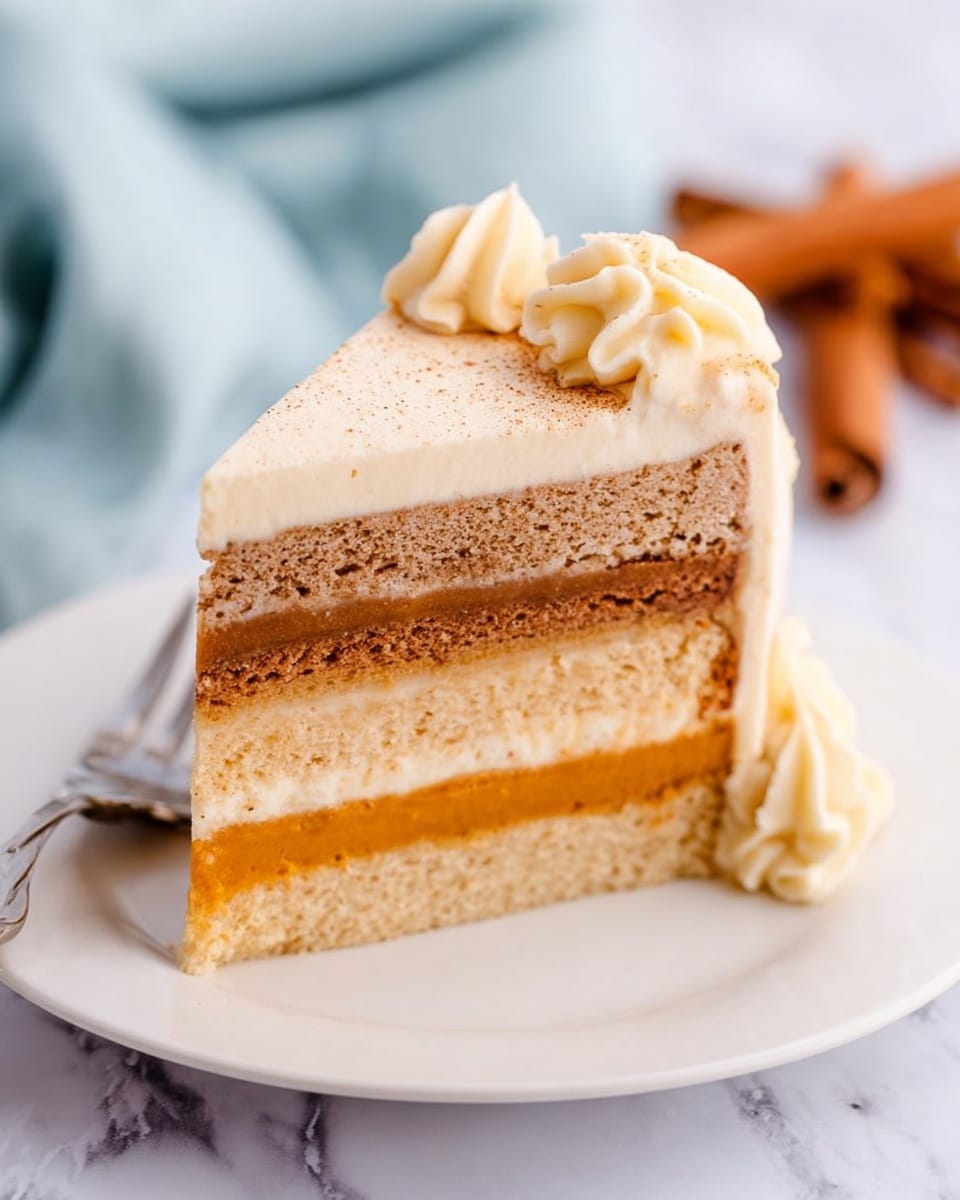 A slice of layered cake on a white plate with a fork beside it, featuring four layers: a thick light cream layer on top, a darker brown cake layer beneath it, followed by a smooth orange layer, and another light cream layer at the bottom. The sides show smooth cream frosting with a soft texture, decorated with a small swirl of cream on the right edge. The background includes a light blue cloth and cinnamon sticks on a white marbled surface. Photo taken with an iphone --ar 4:5 --v 7