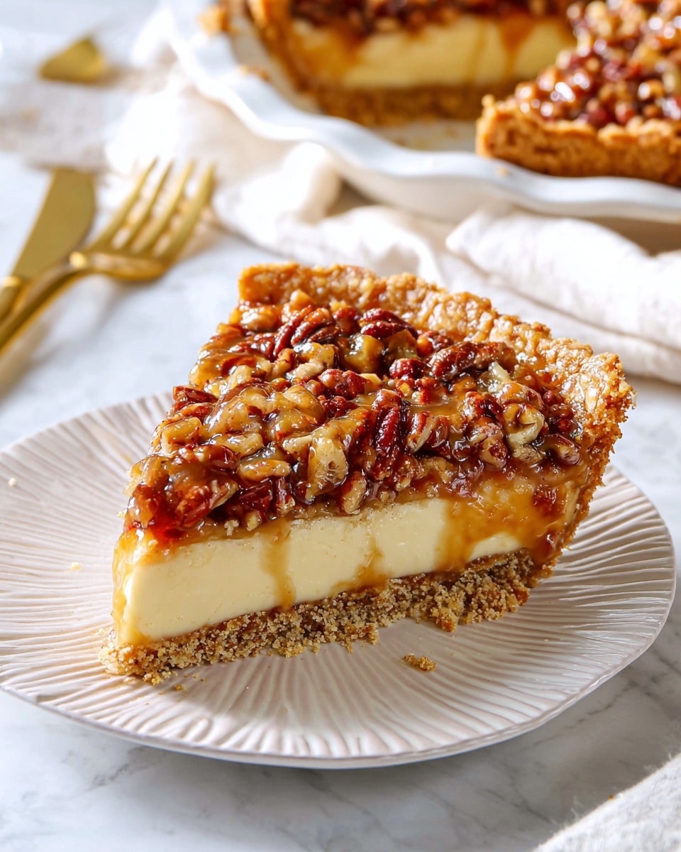 A custard pie with a golden brown flaky crust forms the base layer, topped by a smooth, light yellow custard filling that has specks of cinnamon or nutmeg throughout. The top layer is a rich, glossy praline topping made of chopped pecans in a sticky, dark caramel sauce, spread thickly and unevenly across the pie surface. One slice is cut and lifted on a silver spatula, showing the clear layers of crust, custard, and praline topping. The pie is placed on a white plate, set against a white marbled surface with scattered pecans around. Photo taken with an iphone --ar 4:5 --v 7