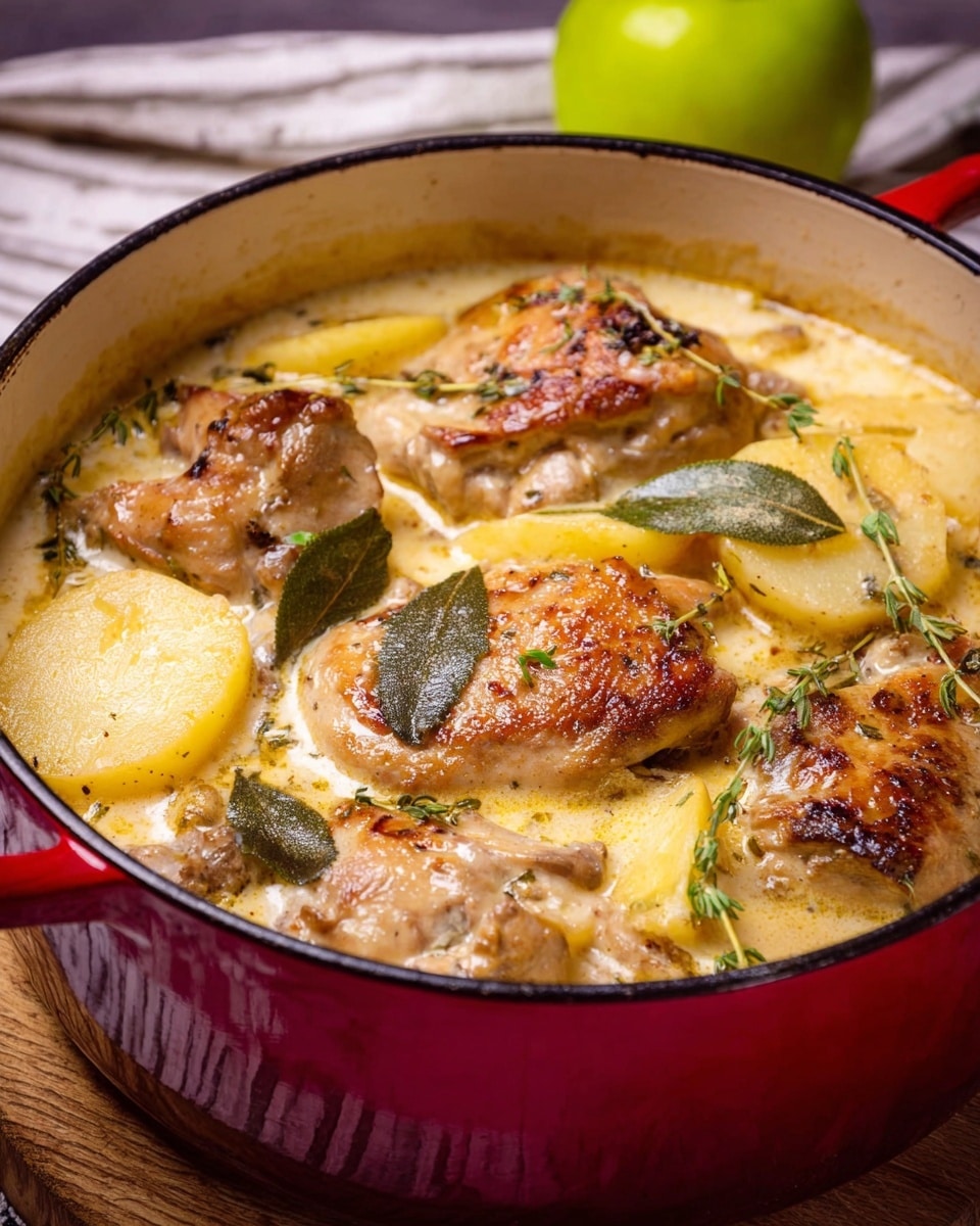 This image shows a red pot filled with a creamy chicken stew. The dish has large, browned chicken pieces sitting on top of a creamy sauce mixed with slices of yellow potato. Small green herb leaves and whole bay leaves are scattered across the surface, adding a pop of color. The pot is placed on a wooden board with a white marbled background visible around it. There is a green apple next to the pot on the side. The overall look is warm and comforting with a mix of light creamy yellow, brown, and fresh green colors. Photo taken with an iphone --ar 4:5 --v 7