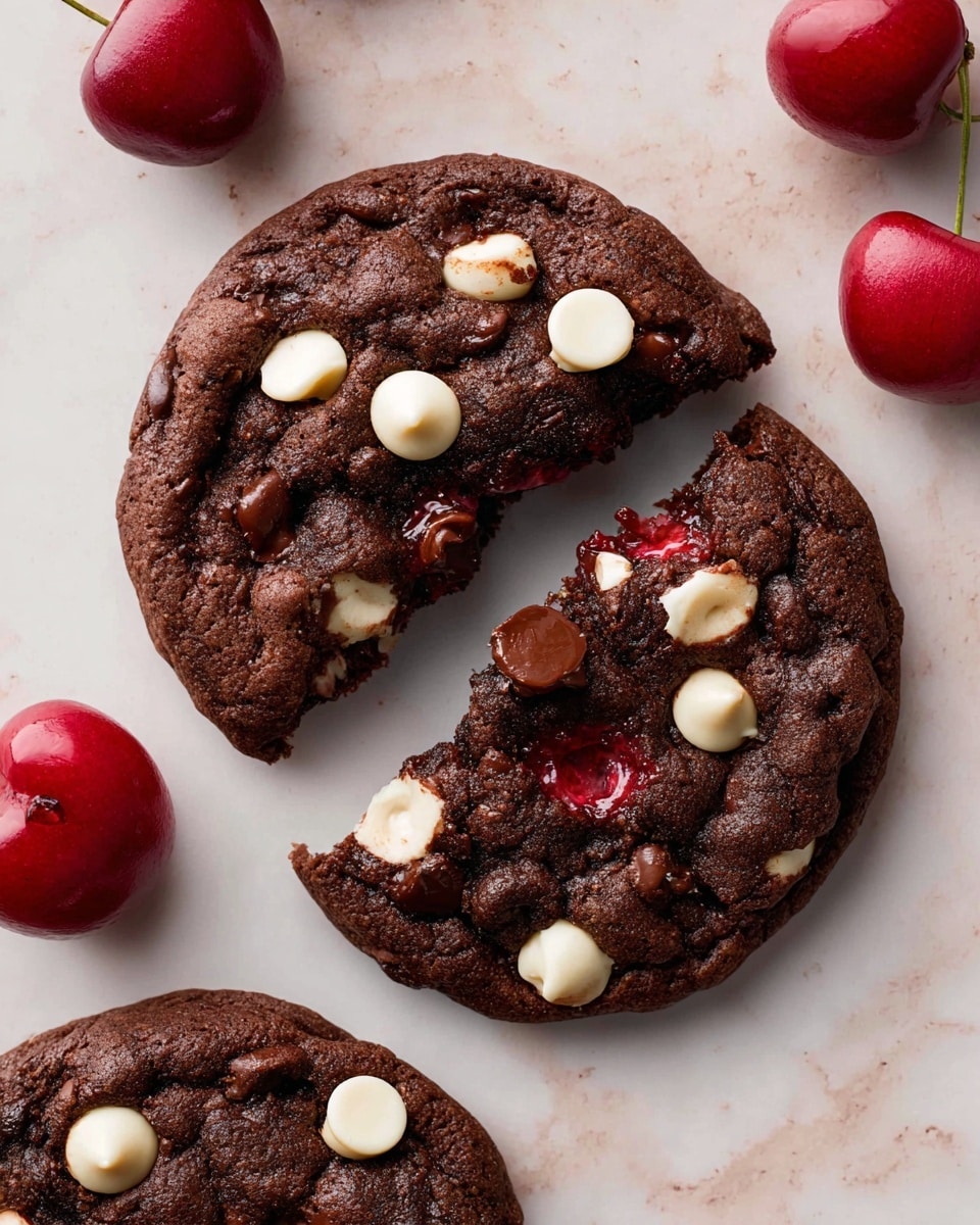 A close-up of a broken chocolate cookie showing rich dark brown layers studded with both white and dark chocolate chips, some partially melted to reveal gooey textures; inside the broken part, a glossy, deep red cherry filling is visible, adding a juicy contrast to the thick, soft cookie dough. The cookie sits on a white marbled surface with whole red cherries scattered around, their bright red skin smooth and shiny near the cookie’s edges. Another whole cookie with the same chips is partially visible on the upper right side. Photo taken with an iphone --ar 4:5 --v 7
