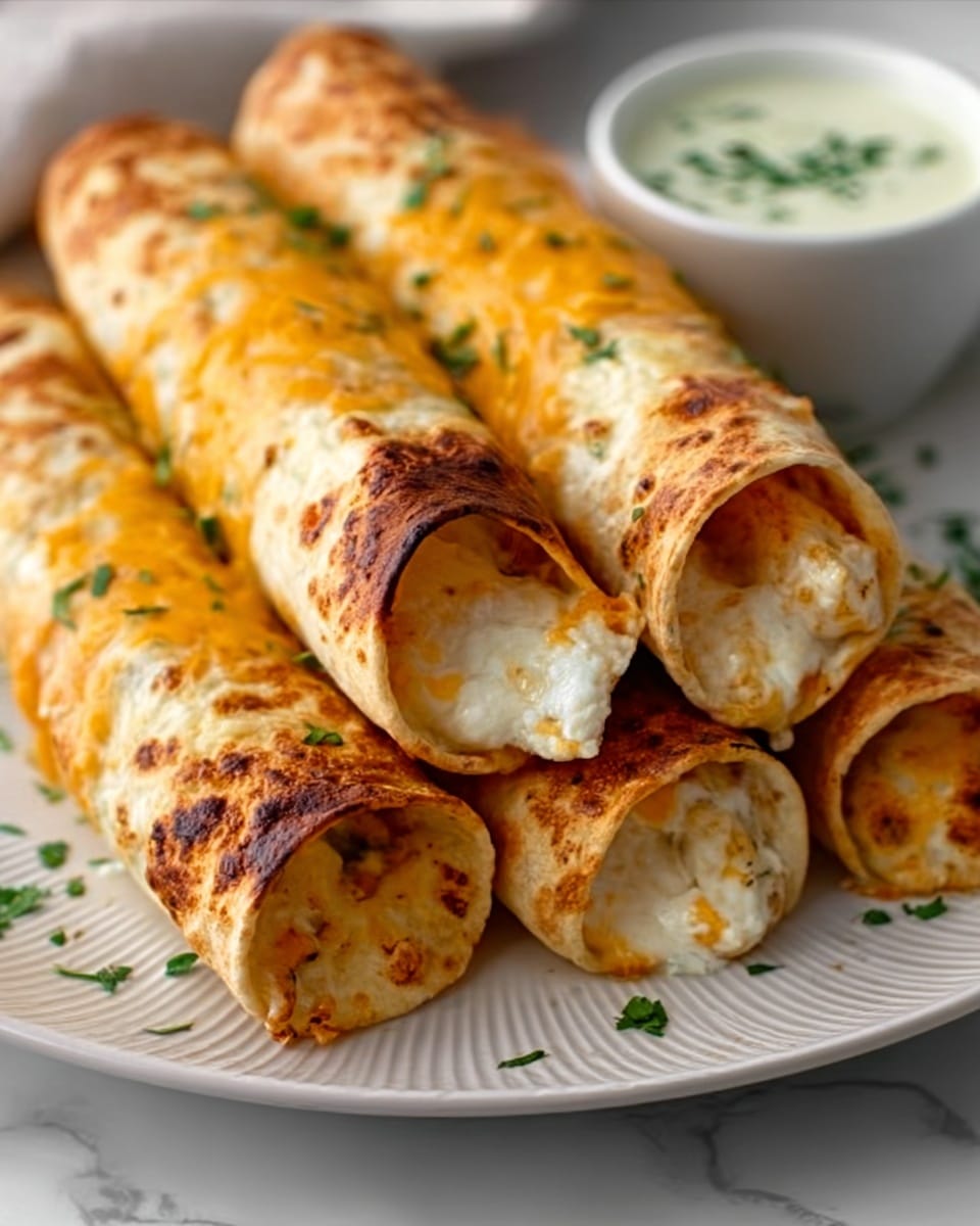 Four rolled tortillas lie side by side on a white plate with a slight textured pattern, each one browned on the outside with spots of toasted color. The tortillas are filled with a creamy white cheese mixture that can be seen at the open ends, with some green pieces inside. Melted yellow cheese is spread unevenly across the tops of each tortilla, and small pieces of chopped green herbs are sprinkled on top and around the plate. In the background, there is a white bowl with a light greenish sauce. The setting is on a white marbled surface. photo taken with an iphone --ar 4:5 --v 7