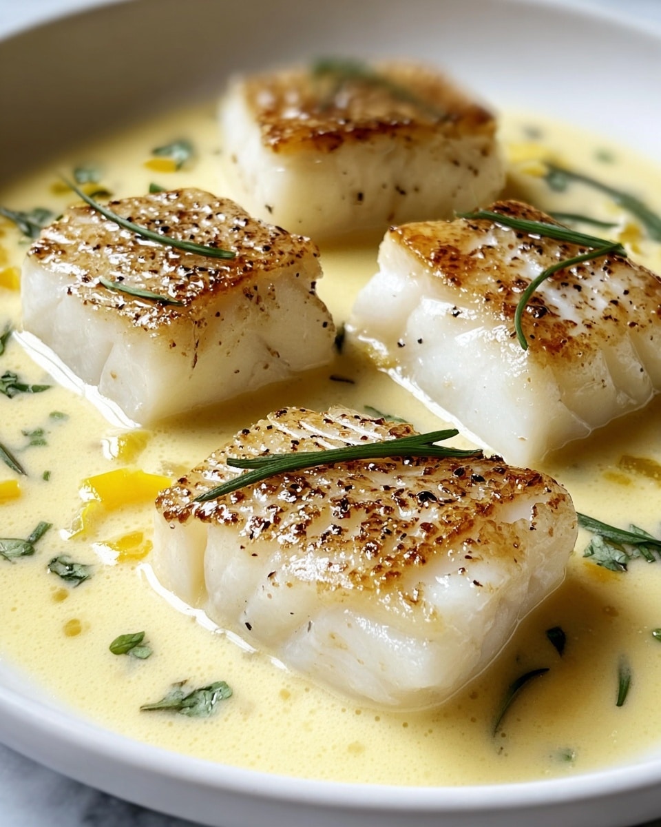The image shows four pieces of golden-brown seared fish fillets with a crispy texture on top, sitting in a creamy yellow sauce that has small green herb bits and a few small yellow lemon pieces scattered throughout. The fish pieces are thick and white inside, placed evenly inside a white dish. The sauce surrounds each piece gently, creating a smooth and glossy surface. Small green herb leaves are sprinkled on top of the fish, adding a fresh touch. The dish is placed on a white marbled surface. photo taken with an iphone --ar 4:5 --v 7