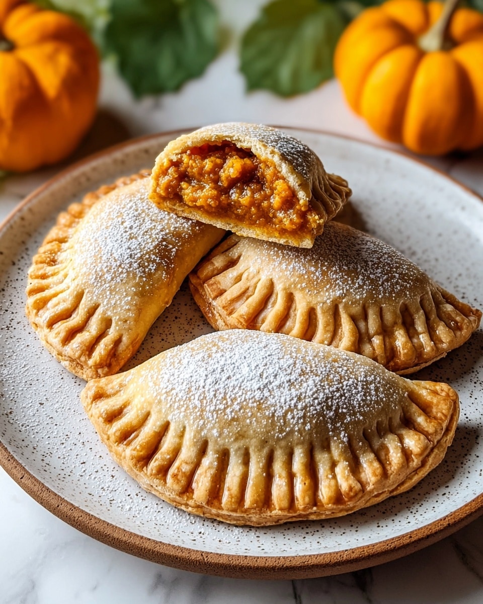 Three golden brown hand pies are placed on a white plate with a speckled rim. Each hand pie is half-moon shaped with crimped edges showing a textured, flaky crust. One pie is cut open to reveal a rich, chunky orange filling that looks like pumpkin mixed with spices. The top of each hand pie is lightly dusted with powdered sugar, adding a soft white contrast to the warm crust color. The background has soft green leaves and small orange pumpkins visible, all set on a white marbled surface. Photo taken with an iphone --ar 4:5 --v 7