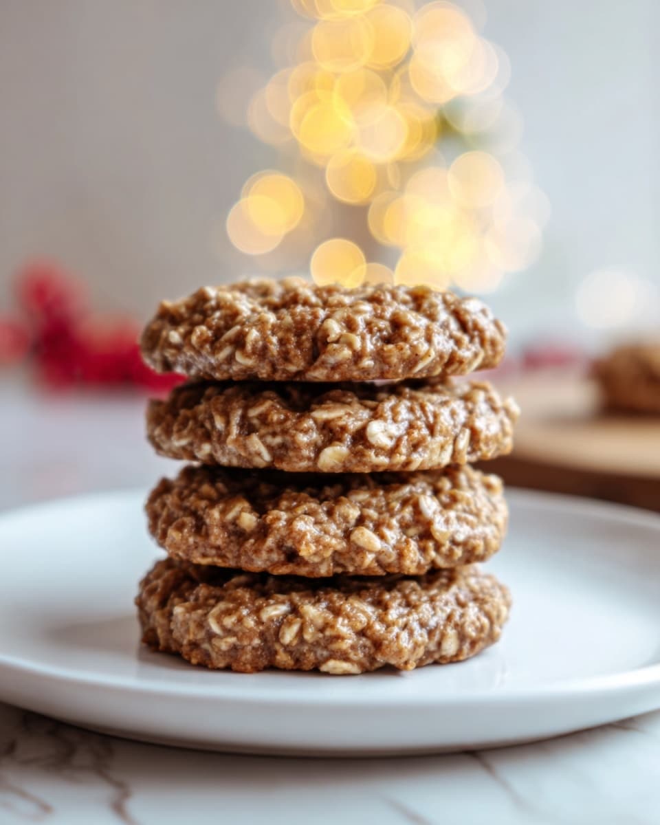 A stack of four round oatmeal cookies with a rough texture is placed in the center of a plain white plate. The cookies have a light brown color with visible oats giving them a grainy look. The background shows blurry warm lights with soft bokeh effects, and the surface below is a white marbled texture. Photo taken with an iphone --ar 4:5 --v 7