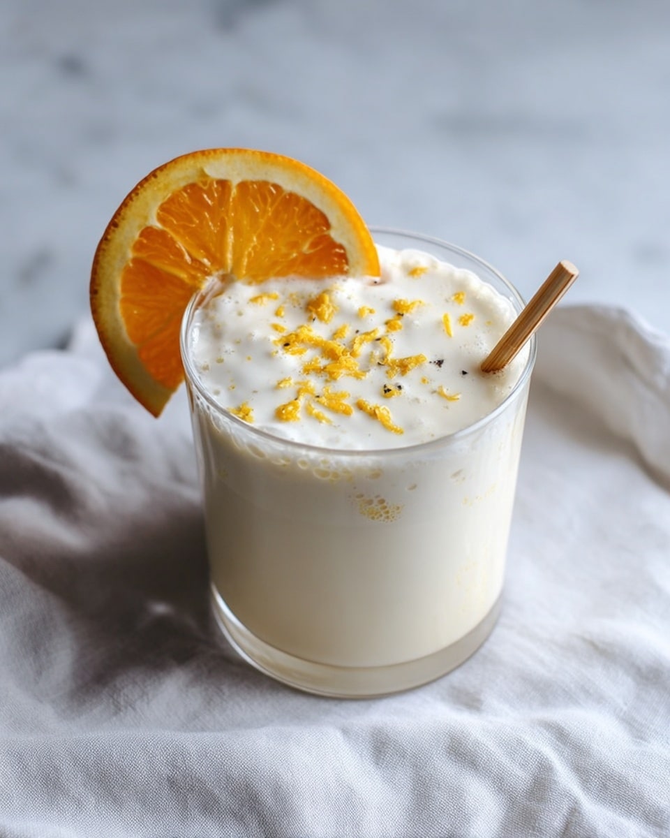 A clear glass holds a creamy white frothy drink with a thick foam layer on top, sprinkled with small yellow zest pieces and tiny black specks. A wooden stick is placed vertically in the foam near the edge of the glass. A bright orange slice with visible juicy segments rests on the rim of the glass, leaning inward. The glass sits on a soft, slightly wrinkled white cloth, all set on a white marbled surface. photo taken with an iphone --ar 4:5 --v 7