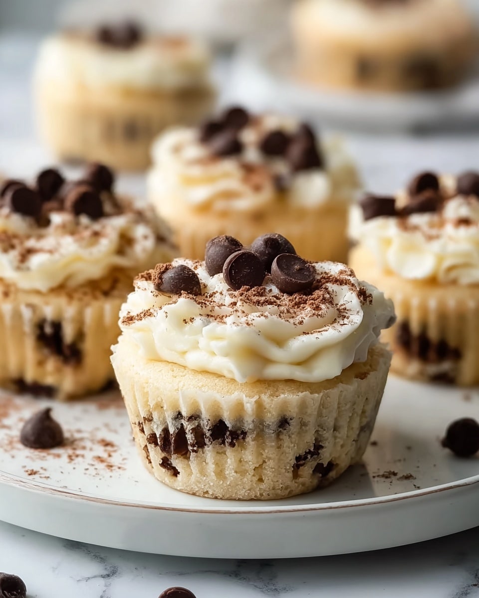 The image shows several small cupcakes placed on a white plate with a slightly raised edge, sitting on a white marbled surface. Each cupcake has two visible layers: a light beige base layer with dark chocolate chips embedded inside, and a thick top layer of creamy white frosting spread unevenly with some texture. On top of the frosting, there are several dark chocolate chips scattered along with a light dusting of cocoa powder. Some chocolate chips are also scattered around the plate. The focus is mainly on the front cupcake, while others are slightly blurred in the background. Photo taken with an iphone --ar 4:5 --v 7
