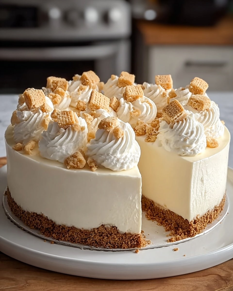 The image shows a creamy cheesecake on a white plate. The cheesecake has three layers: a thick, crumbly brown crust at the bottom, a smooth, creamy white middle layer that forms most of the cake, and a top layer decorated with large white whipped cream dollops. Each whipped cream dollop is topped with small pieces of crumbly crust and tiny beige cubes. The cake has a slice taken out, revealing the clean texture of the cream and crust layers. The whole scene is on a white marbled surface with a blurred kitchen background. Photo taken with an iphone --ar 4:5 --v 7