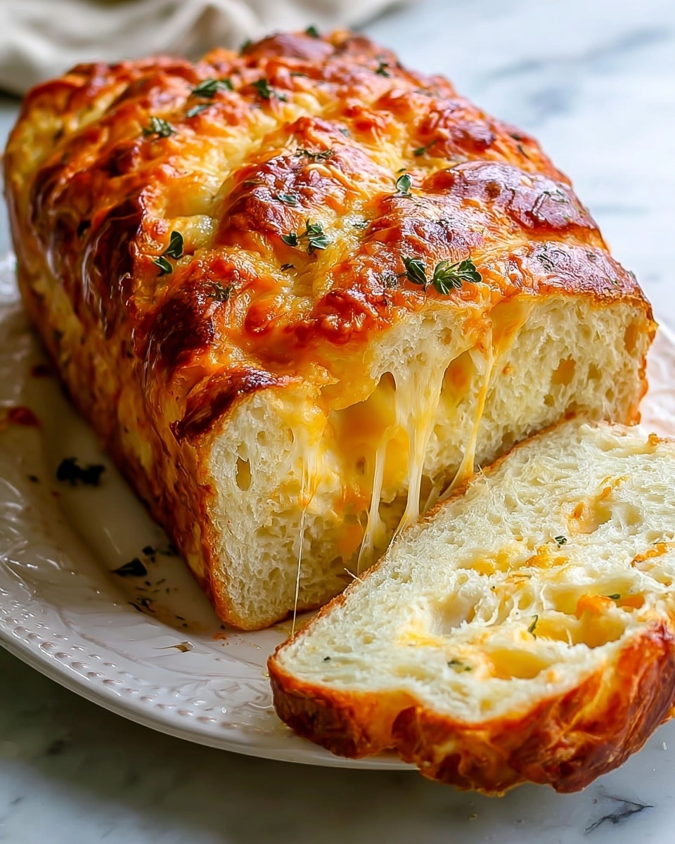 A loaf of bread with a golden brown, shiny, and slightly crispy top crust, showing melted cheese bubbling on top with small green herb leaves scattered over it; the inside is soft and light with a fluffy texture and has a thick, gooey layer of melted cheese weaving through the center, some cheese strands stretching slightly from a thick slice cut from the loaf. Both the loaf and slice rest on a white plate with a delicate edge pattern, set on a white marbled surface. Photo taken with an iphone --ar 4:5 --v 7