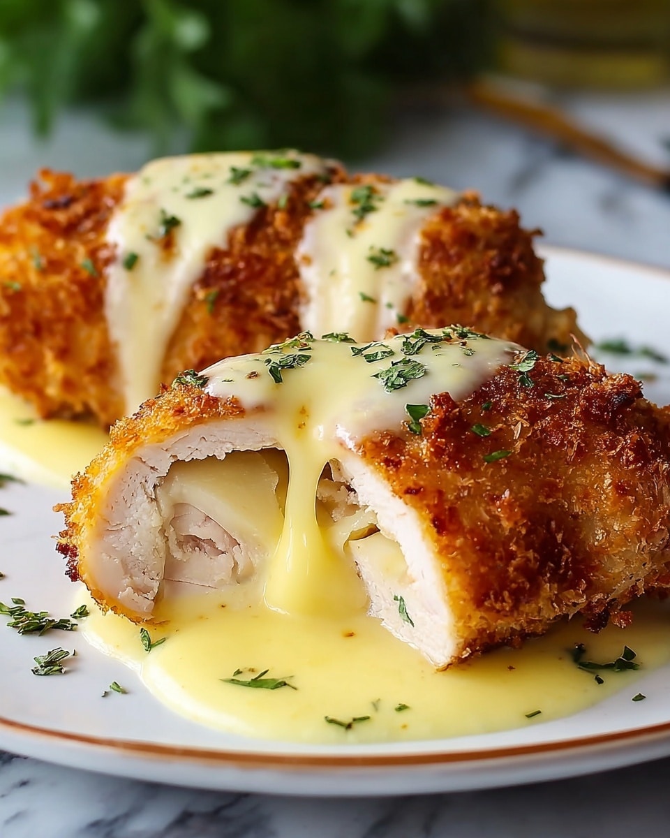 The image shows two pieces of crispy, golden-brown breaded chicken rolled and stuffed, placed on a white plate. The front piece is cut open revealing layers of tender white meat and melted cheese oozing out. Both pieces have creamy yellow sauce drizzled on top and around them, sprinkled with small green herb leaves. The chicken crust looks crunchy with a textured golden color, while the sauce is smooth and glossy. The background features a blurred green scene, and the plate is set on a white marbled surface. Photo taken with an iphone --ar 4:5 --v 7