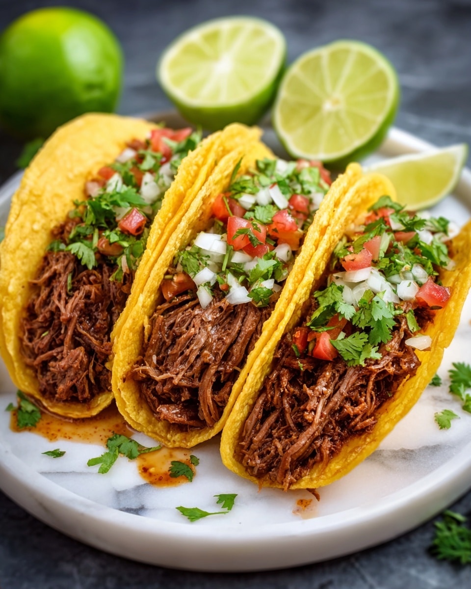 Three yellow corn taco shells, each filled with two layers: the bottom layer is dark brown shredded meat with a moist texture, and the top layer is a mix of small white onion pieces, green cilantro leaves, and small red tomato chunks, all piled well. Behind the tacos on a white plate, there are two lime halves placed on a white marbled surface. The tacos are close together and tilted slightly to show their contents clearly, with some juices visible at the base of the shells. photo taken with an iphone --ar 4:5 --v 7