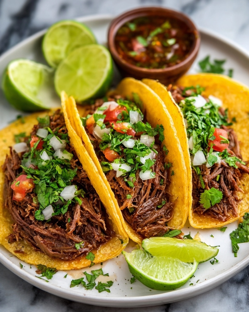 Three yellow corn tortillas folded in half are filled with dark brown shredded meat, topped with small chopped white onions and bright green chopped cilantro. Small red tomato pieces are mixed in on top. The tacos rest on a white plate with four fresh lime wedges placed behind them. The plate is set on a white marbled texture surface. photo taken with an iphone --ar 4:5 --v 7