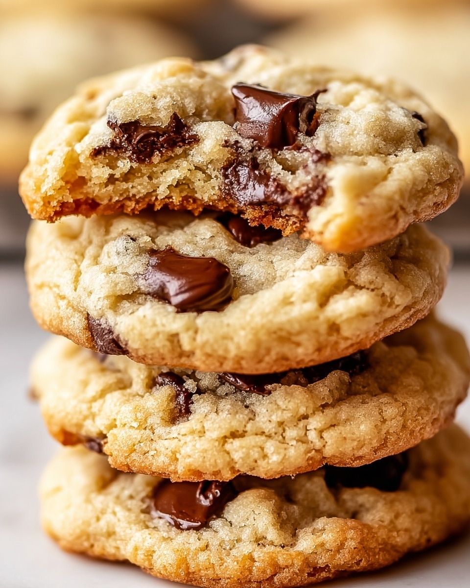 A close-up view of a stack of four soft chocolate chip cookies on a white marbled surface, with the top cookie broken in half and placed on top of the second cookie. Each cookie has a light golden color with a slightly crispy edge and soft, crumbly texture inside. The chocolate chips are dark brown, partially melted and embedded unevenly throughout each cookie. The stack shows the layers clearly, with the broken cookie revealing its moist interior and the bottom cookie slightly flatter with more visible cracks. Photo taken with an iphone --ar 4:5 --v 7