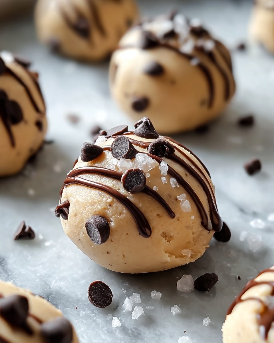 The image shows round light tan cookie dough balls with smooth texture, each topped with several dark brown chocolate chips scattered unevenly on top. Thin lines of dark chocolate drizzle run over the dough balls, adding a shiny, rich accent. The cookie dough balls are placed close to each other on a white marbled surface, which has some coarse salt crystals scattered around, adding contrast. The focus is sharp on the front cookie ball with others softly blurred in the background, creating depth. photo taken with an iphone --ar 4:5 --v 7