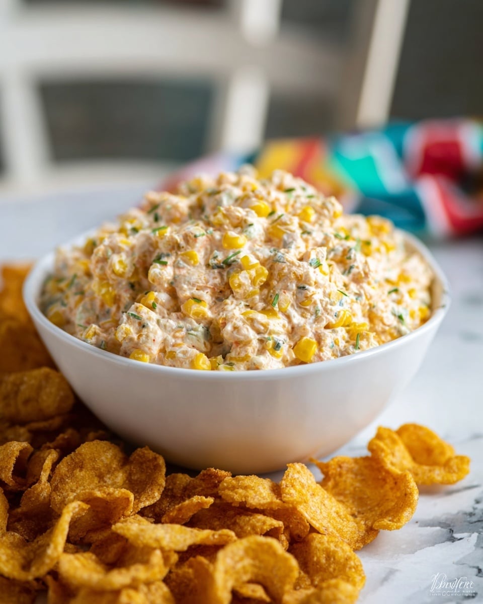 A white bowl filled with creamy corn dip showing a mix of yellow corn kernels, small green herbs, and a light orange creamy sauce, creating a textured and chunky look that fills the bowl to the top. Surrounding the bowl are crispy, golden-brown corn chip curls, scattered closely around the base. The background is softly blurred with a white chair and a colorful cloth, all placed on a white marbled surface. photo taken with an iphone --ar 4:5 --v 7