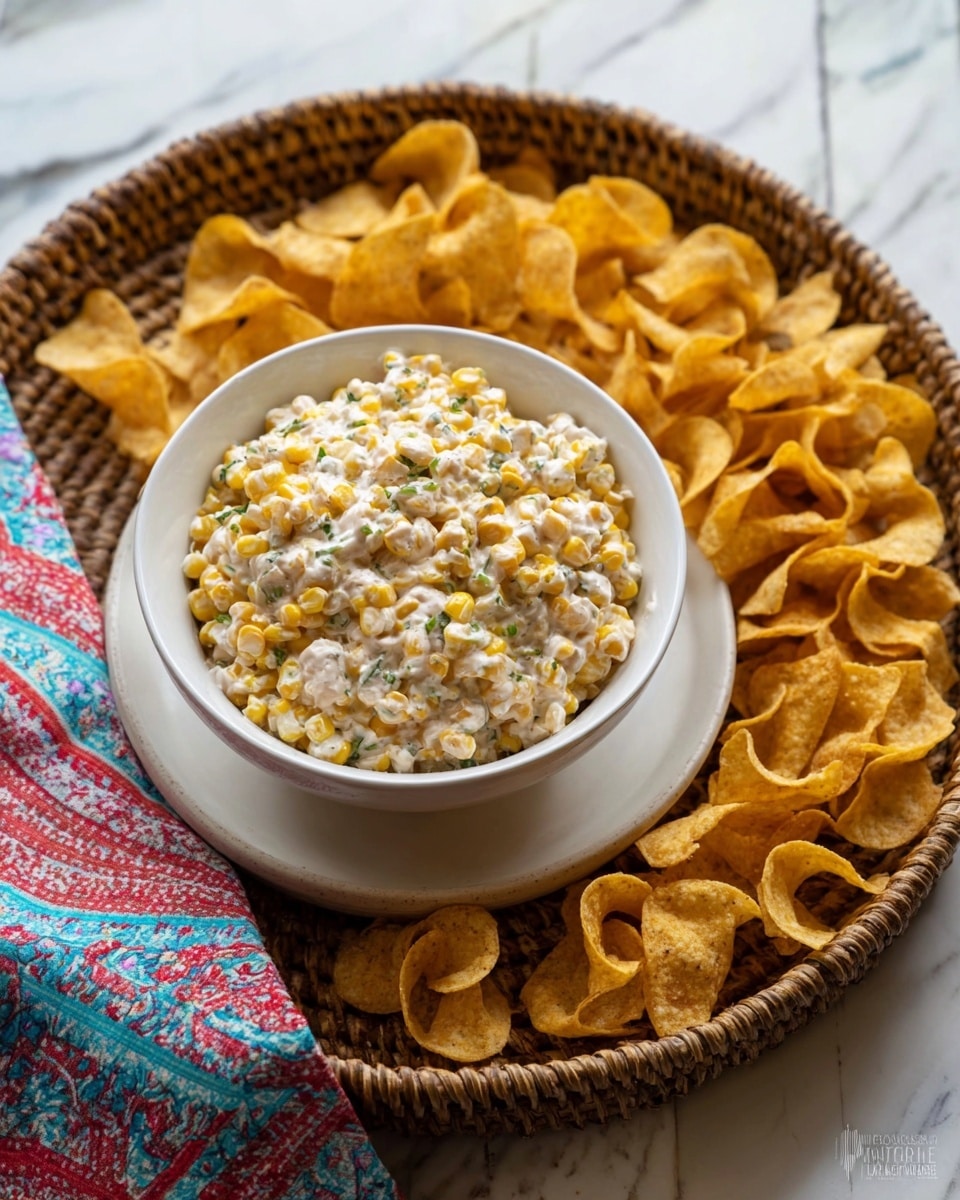 A white bowl filled with a creamy corn salad made of yellow corn kernels mixed with a white sauce that has green herbs, placed centrally on a flat white plate. Around the bowl, there is a thick layer of curved, golden-brown corn chips arranged closely together. The plate sits on a woven basket with a colorful cloth that has red and blue patterns. The whole setting is on a white marbled surface. photo taken with an iphone --ar 4:5 --v 7