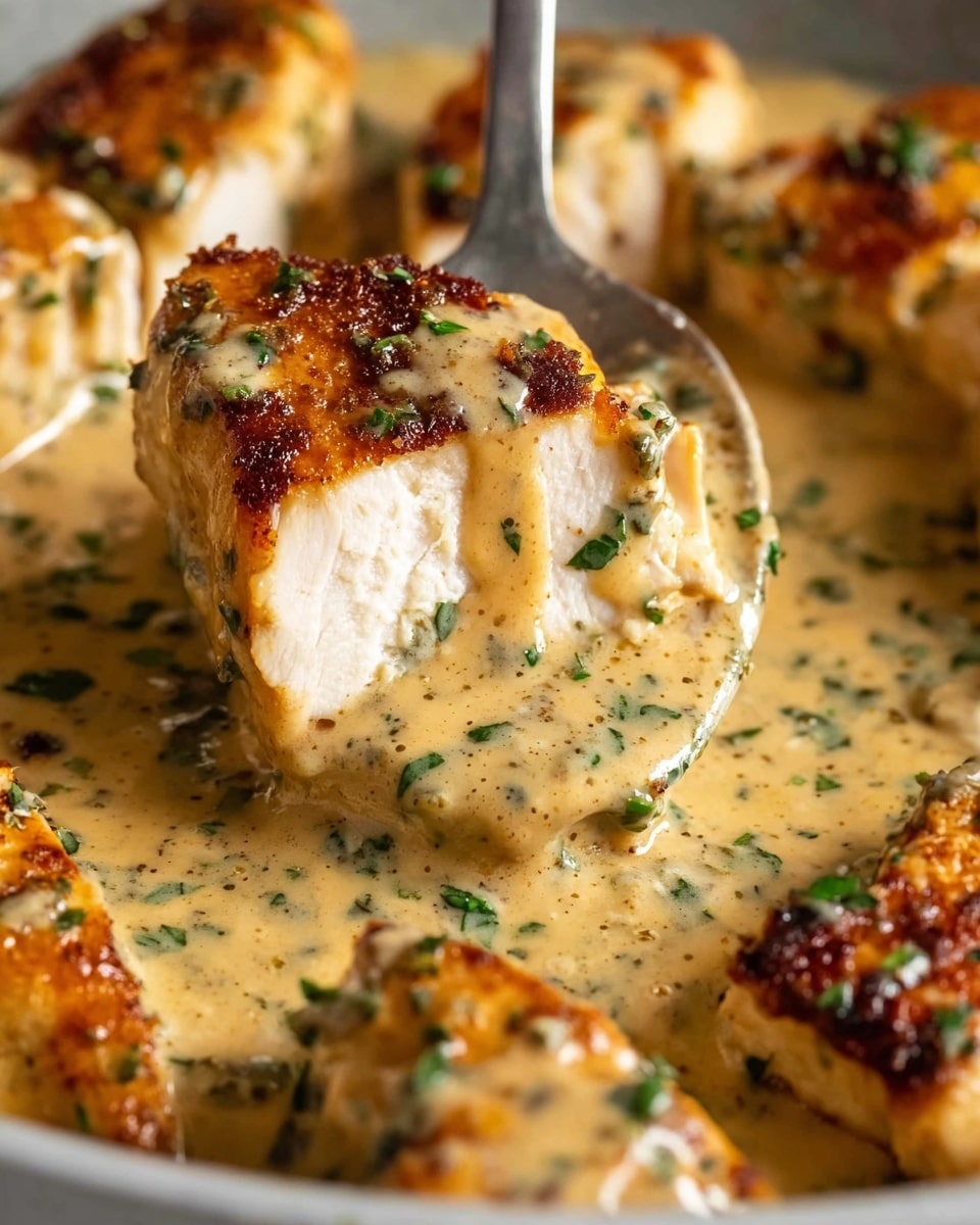 The close-up image shows a cooked chicken breast piece lifted on a silver spoon, covered in a creamy sauce with visible green herb bits. The chicken is golden-browned on top with a slightly crispy texture, showing tender and juicy white meat inside. The sauce is thick, light tan with green herbs scattered throughout, pooling underneath the chicken pieces. The chicken pieces are arranged closely together, coated with the creamy sauce on a white marbled surface. Photo taken with an iphone --ar 4:5 --v 7