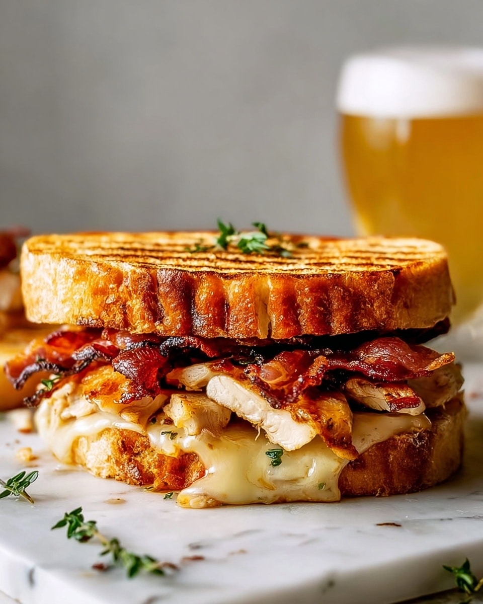 A grilled sandwich with two thick slices of golden brown bread, crisp grill marks on top, and a small green herb placed on the top slice. Inside are several layers: the bottom layer is melted cheese that looks creamy and gooey, followed by light brown grilled chicken pieces, topped with extra crispy, dark reddish-brown bacon strips that almost overflow from the sandwich. The sandwich sits on a white marbled surface, with some small fresh green herbs scattered around. A blurry glass of light yellow drink is in the background on the right. photo taken with an iphone --ar 4:5 --v 7