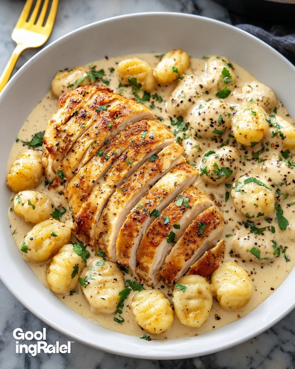 A white plate holds a sliced, golden-brown grilled chicken breast placed at the center with visible moist white inner meat, surrounded by round, plump gnocchi covered in a creamy, light beige sauce. The sauce has a slightly thick texture and is speckled with finely chopped green herbs, which are also sprinkled on top of the chicken and gnocchi. The surface underneath the plate is a white marbled texture, with a gold fork and knife placed beside it. Photo taken with an iphone --ar 4:5 --v 7