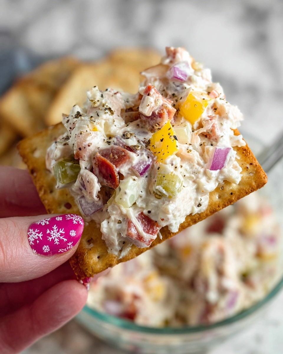 A close-up view of a rectangular toasted cracker held by a woman's hand with pink nails decorated with white snowflake patterns, topped with a creamy mixture featuring visible layers of diced red onions, small cubes of yellow bell peppers, shredded white cheese, thin slices of reddish meat, and chunks of white cheese, all mixed in a thick white sauce and sprinkled with cracked black pepper. In the blurred background, there is a clear glass bowl containing more of the same mixture, all set on a white marbled surface. Photo taken with an iphone --ar 4:5 --v 7
