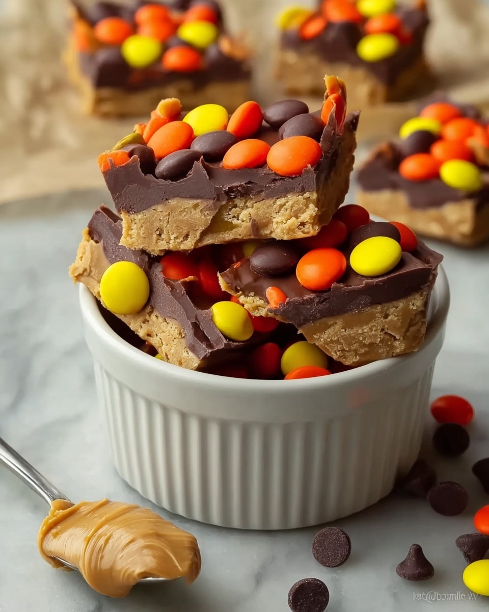 The image shows broken pieces of a treat with three visible layers: a base layer of light brown crunchy peanut butter mixture, a thick middle layer of smooth dark chocolate, and a top layer covered with colorful candy-coated chocolates in orange, yellow, and brown, scattered evenly. The pieces are placed inside a small white ceramic bowl with vertical ridges. Around the bowl, there are a few loose candies and chocolate chips on a white marbled surface. A metal spoon with a dollop of creamy peanut butter sits nearby. In the background, more pieces of the treat rest on the surface. photo taken with an iphone --ar 4:5 --v 7