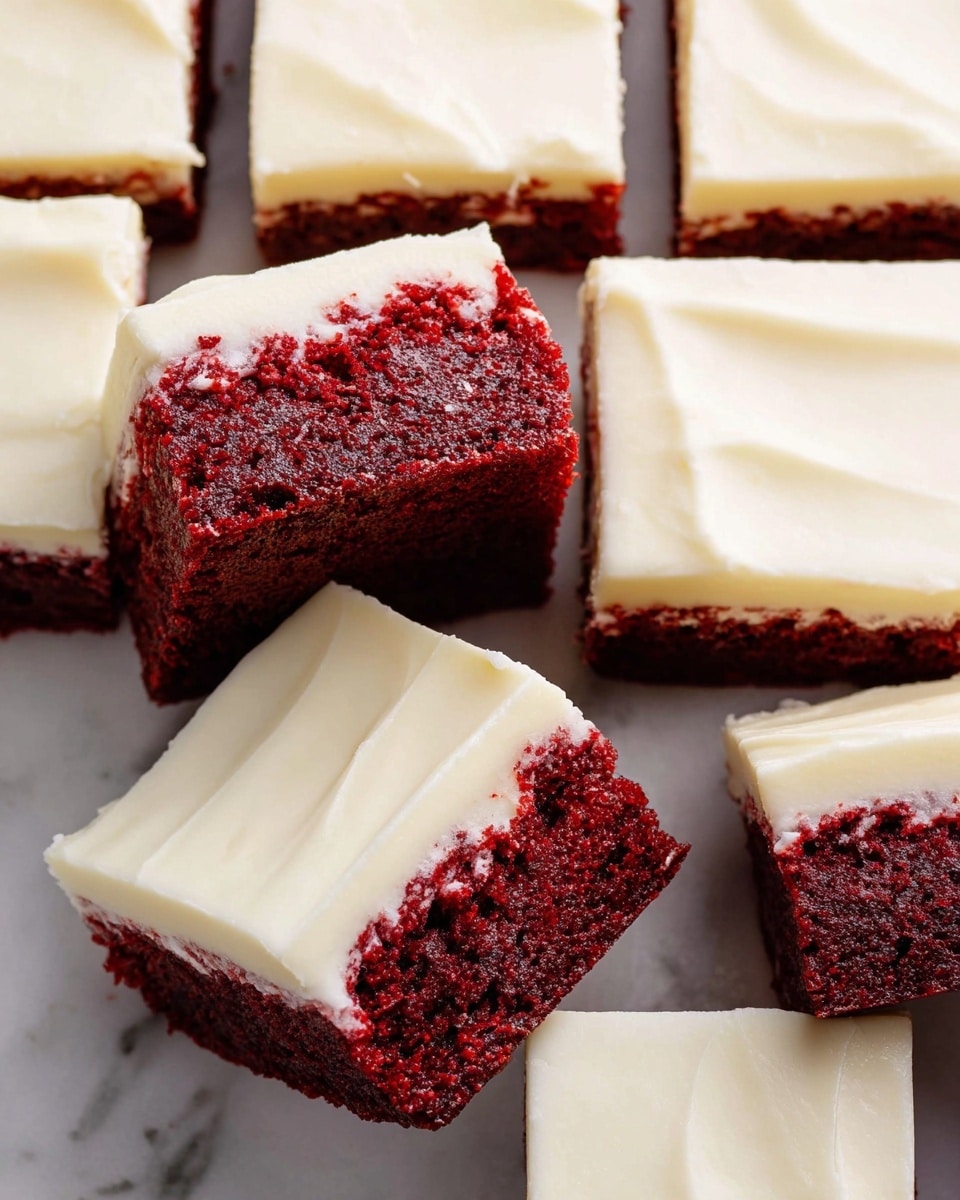 The image shows several square red velvet cake pieces with thick, smooth, creamy white frosting on top. Each piece has two layers: a rich, dark red, moist cake layer at the bottom and a glossy, creamy white frosting layer on top. Two pieces are slightly tilted or moved to reveal the deep red inside texture of the cake. The cake squares are placed close together on a white marbled surface. photo taken with an iphone --ar 4:5 --v 7
