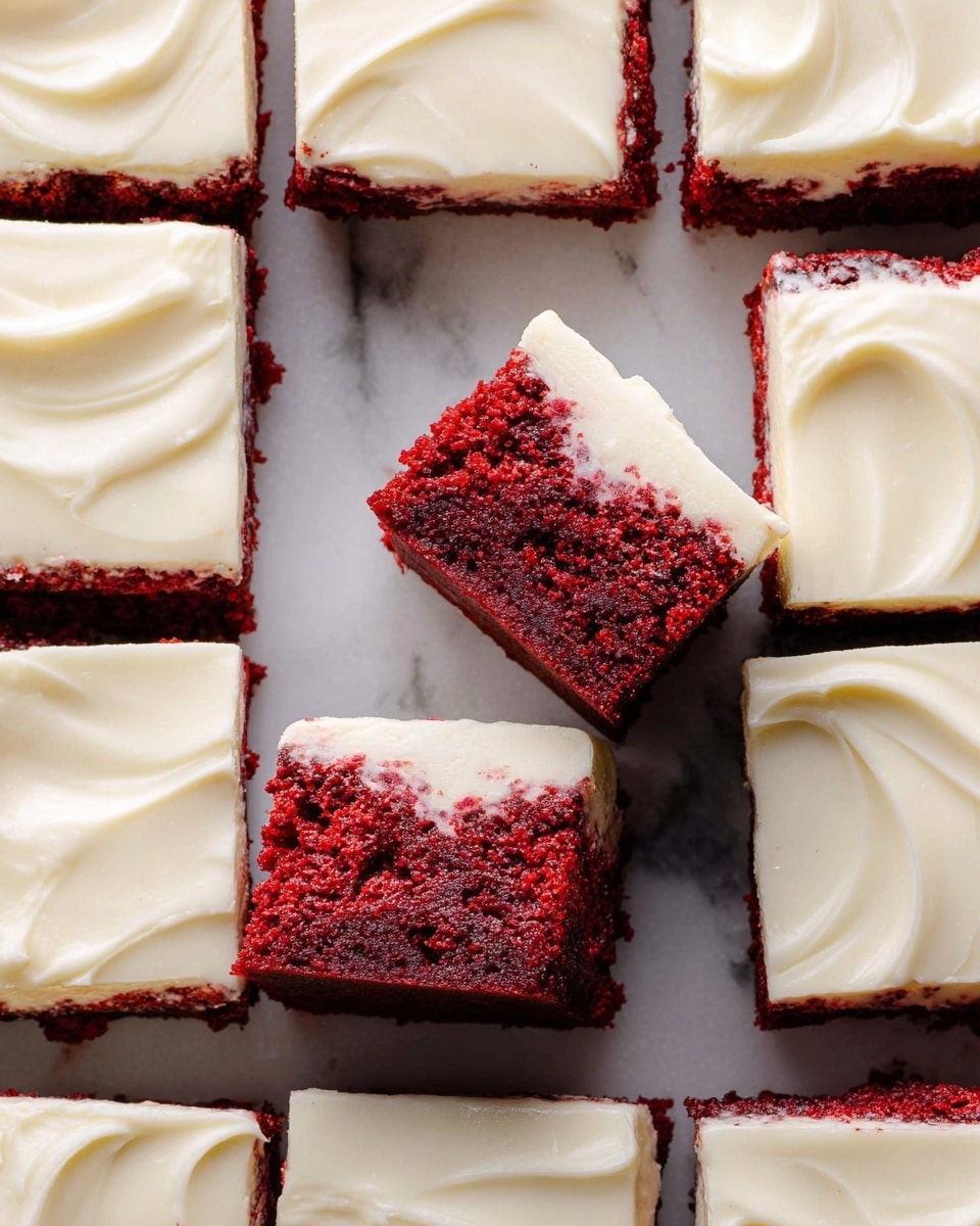 The image shows a close-up of nine square pieces of red velvet cake with cream cheese frosting, arranged in a grid on a white marbled surface. Each piece has two distinct layers: a thick, vibrant deep red cake layer at the bottom with a moist and slightly crumbly texture and a smooth, thick layer of off-white cream cheese frosting on top. The frosting has soft, wavy swirls on its surface. Two pieces are slightly pulled out, showing the cake’s rich red color and the creamy white frosting thickness clearly. The lighting highlights the cake's moist texture and the frosting’s creamy finish. photo taken with an iphone --ar 4:5 --v 7