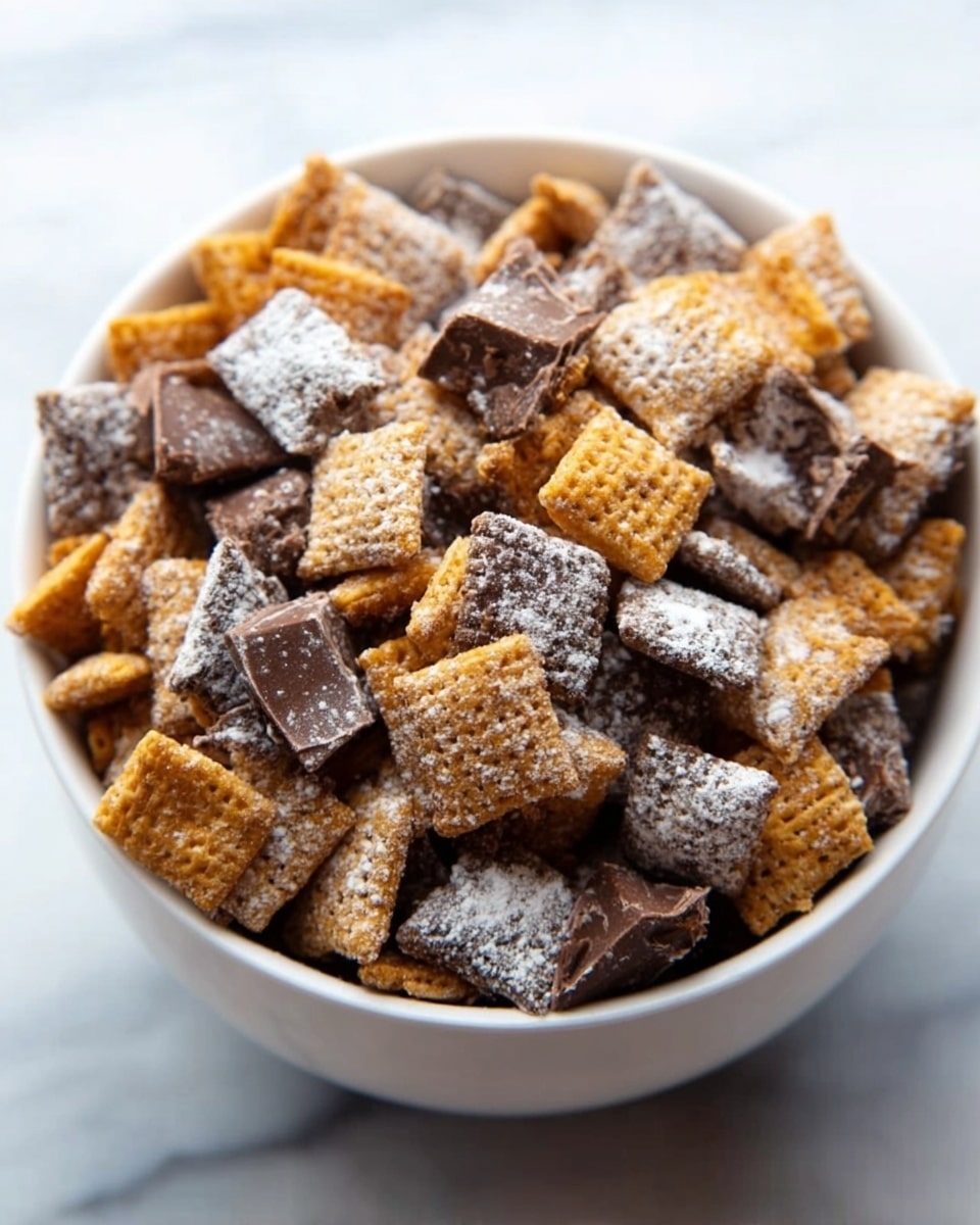 A close-up of a white bowl filled with a snack mix made of small square cereal pieces that are golden brown and crispy, mixed with chunks of dark chocolate. Both the cereal and chocolate pieces are lightly dusted with white powdered sugar, giving a soft, frosted look. The mix shows a rough texture with the cereal's holes and the chocolate's shiny, broken edges visible. The bowl is placed on a white marbled surface, creating a clean and bright background. photo taken with an iphone --ar 4:5 --v 7