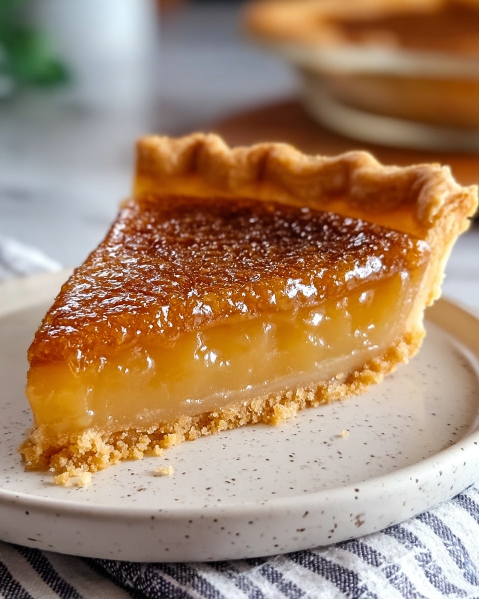 The image shows a close-up of a single slice of pie sitting on a white plate with a speckled texture. The slice has two main layers: the bottom crust layer is golden brown with a crumbly, flaky texture, and the thick middle filling is a glossy, translucent golden amber color that looks smooth and slightly sticky. The top layer is a thin, caramelized brown glaze with a shiny surface and slight bubbles. The edges of the pie crust are crimped and golden. The plate is placed on a striped cloth over a white marbled surface, and the background is softly blurred. photo taken with an iphone --ar 4:5 --v 7