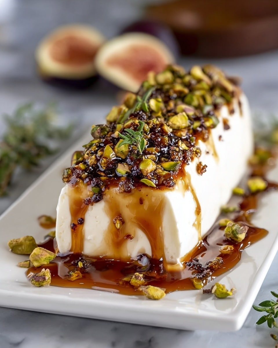 A long white cheese log sits on a white rectangular plate placed on a white marbled surface. The cheese is smooth and creamy white, topped with a thick, glossy brown syrup that drips down the sides. Crushed green pistachios and small dark seeds are scattered generously over the syrup, adding texture and color contrast. Some syrup pools at the base of the cheese, with a few pistachio pieces around. In the blurred background, a sliced fig and sprigs of green herbs can be seen. photo taken with an iphone --ar 4:5 --v 7
