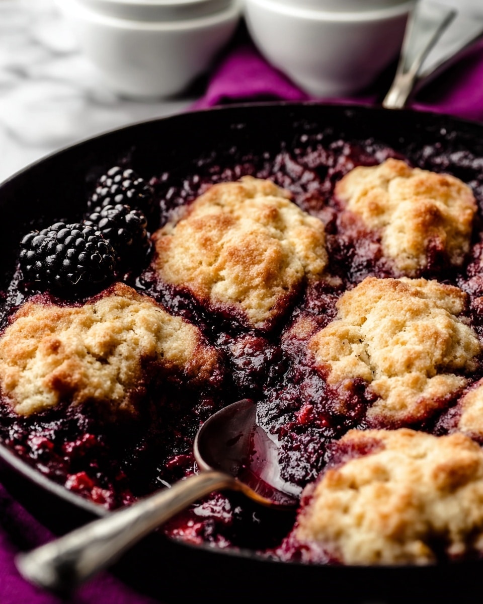 The image shows a close-up of a blackberry cobbler in a dark skillet. The dish has two main layers: a golden brown baked biscuit topping with soft, uneven patches, and a thick, deep purple blackberry filling that looks juicy and slightly glossy, bubbling around the biscuit bits. Two large fresh blackberries rest on the edge of the skillet, adding texture and color contrast. The background has a white marbled texture with white bowls and a silver spoon slightly out of focus, and a dark purple cloth to the right. Photo taken with an iphone --ar 4:5 --v 7