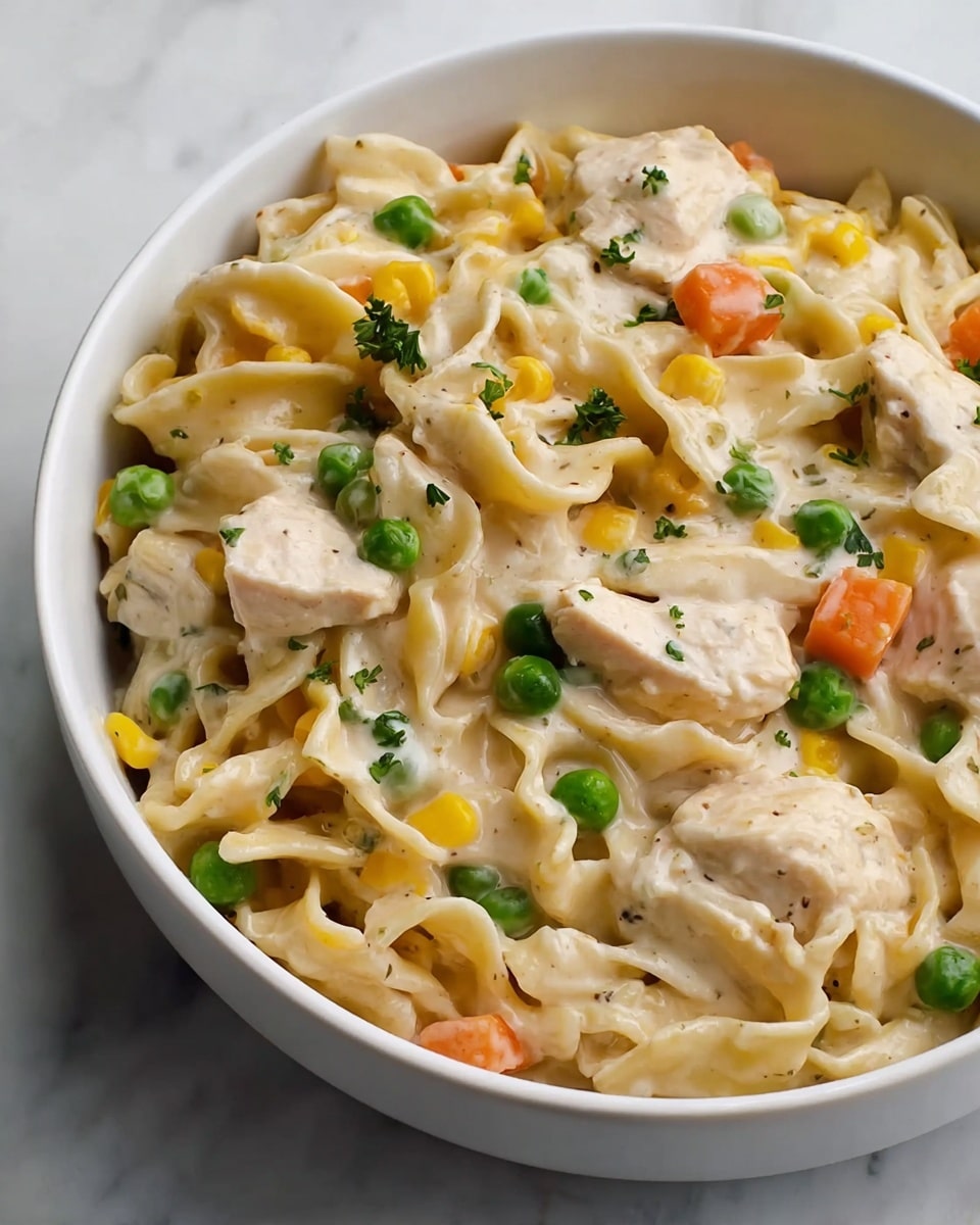 A white bowl filled with creamy chicken noodle casserole, showing three main layers: wide, flat egg noodles coated in thick, pale beige cream sauce forming the base; tender, chunky pieces of white chicken breast scattered evenly across the noodles; and mixed vegetables such as bright green peas, small yellow corn kernels, and soft orange carrot cubes sprinkled throughout, adding vibrant color and texture. The surface is glossy with herbs like small green parsley bits lightly mixed in. The bowl is placed on a white marbled texture. photo taken with an iphone --ar 4:5 --v 7
