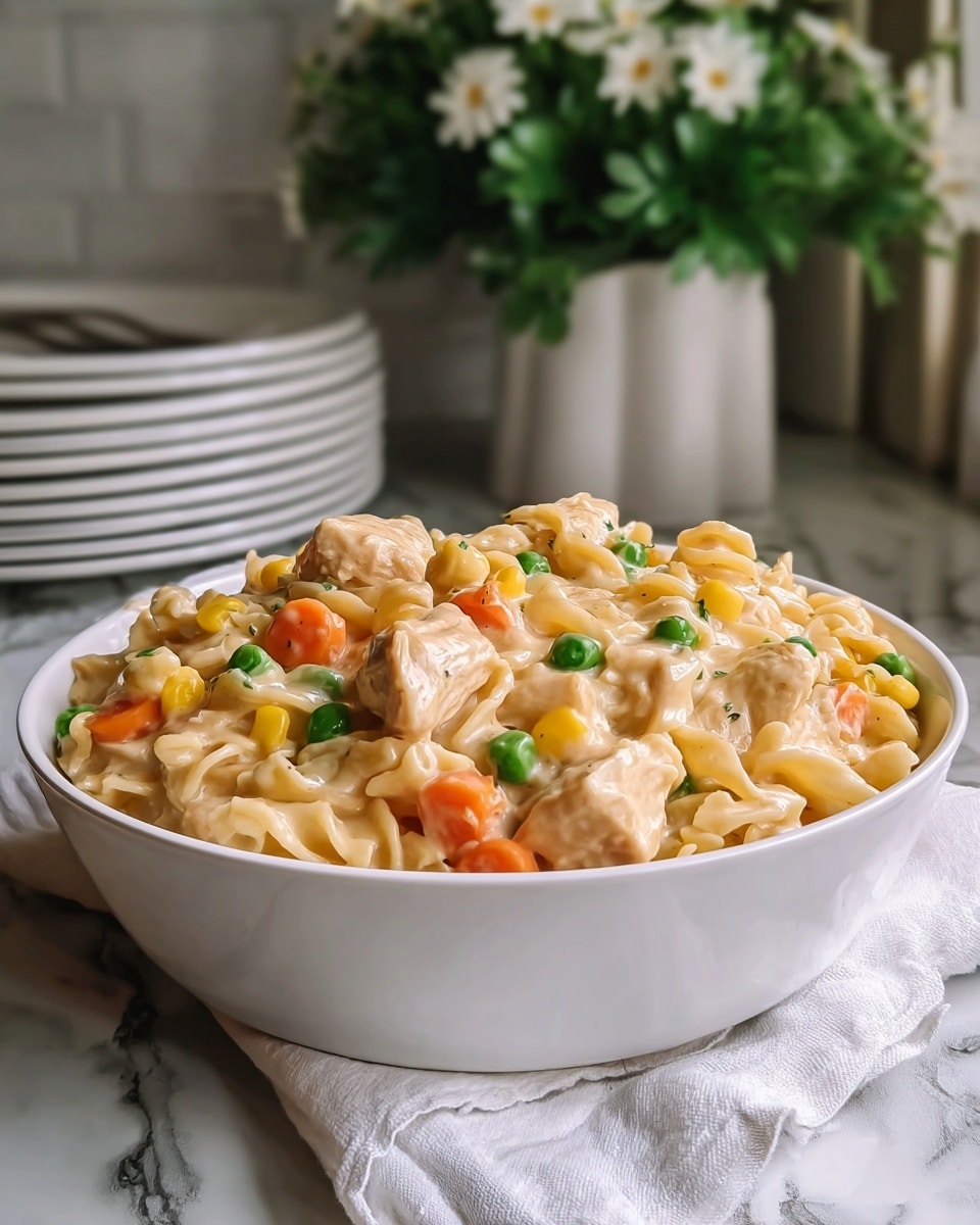 The dish is a creamy chicken and noodle casserole served in a white bowl. The top layer shows thick, beige creamy sauce mixed with small to medium chunks of tender cooked chicken, soft twisted noodles, bright green peas, yellow corn kernels, and small orange carrot pieces all evenly spread throughout. The sauce glistens lightly, coating every piece. The bowl rests on a white cloth on a white marbled surface, with a stack of white plates and a white pot with green plants and white flowers blurred in the background. photo taken with an iphone --ar 4:5 --v 7