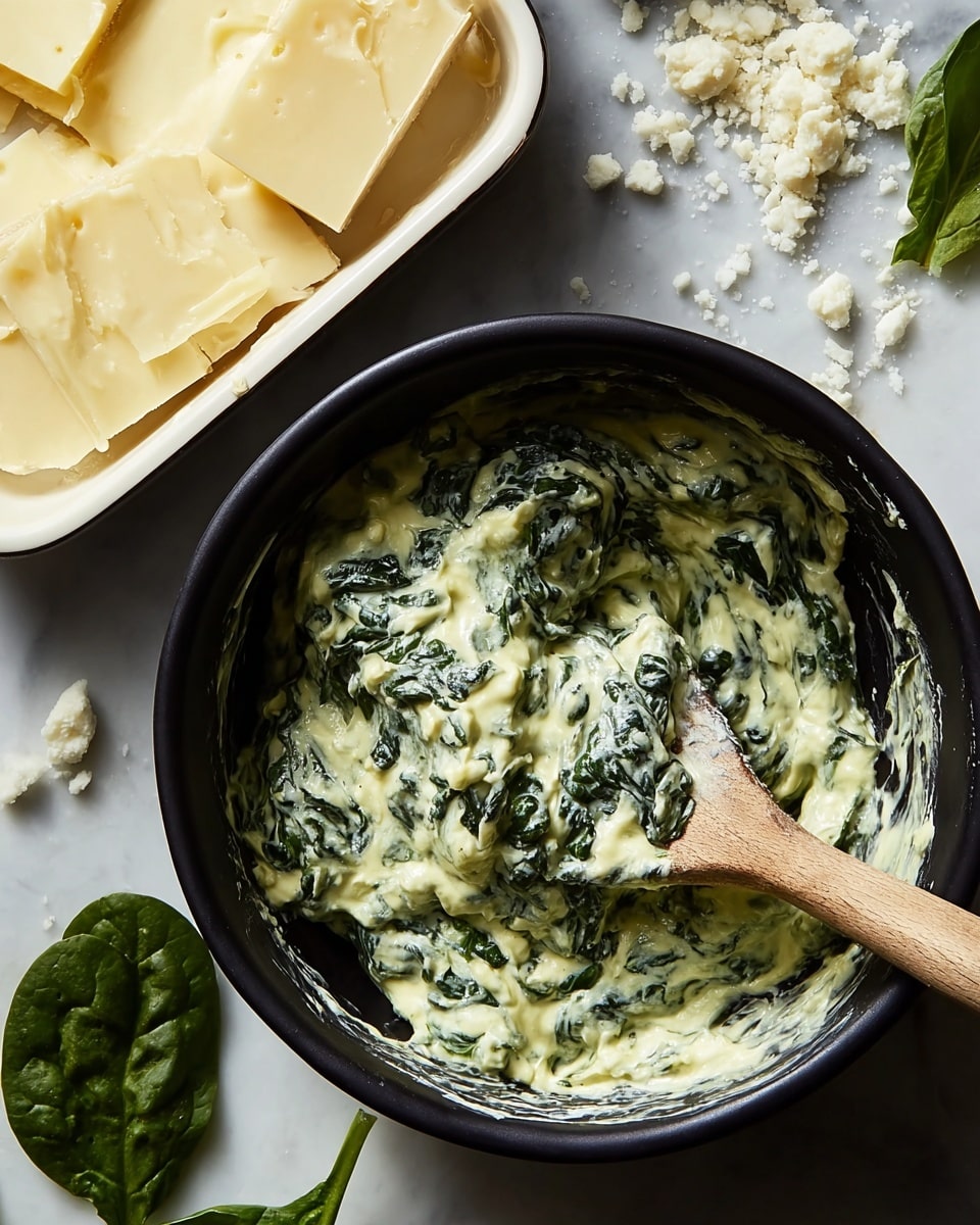 A black bowl filled with a creamy mixture of spinach and cheese, showing a thick, slightly chunky texture with visible dark green spinach leaves swirled into the pale yellow cheese sauce; a wooden spoon is resting inside the bowl, coated with the same mixture. To the left, there is a white baking dish topped with smooth, pale yellow slices of cheese with slightly ruffled edges. The setup is on a white marbled surface sprinkled with crumbled white cheese, and a few fresh dark green spinach leaves are scattered nearby. photo taken with an iphone --ar 4:5 --v 7
