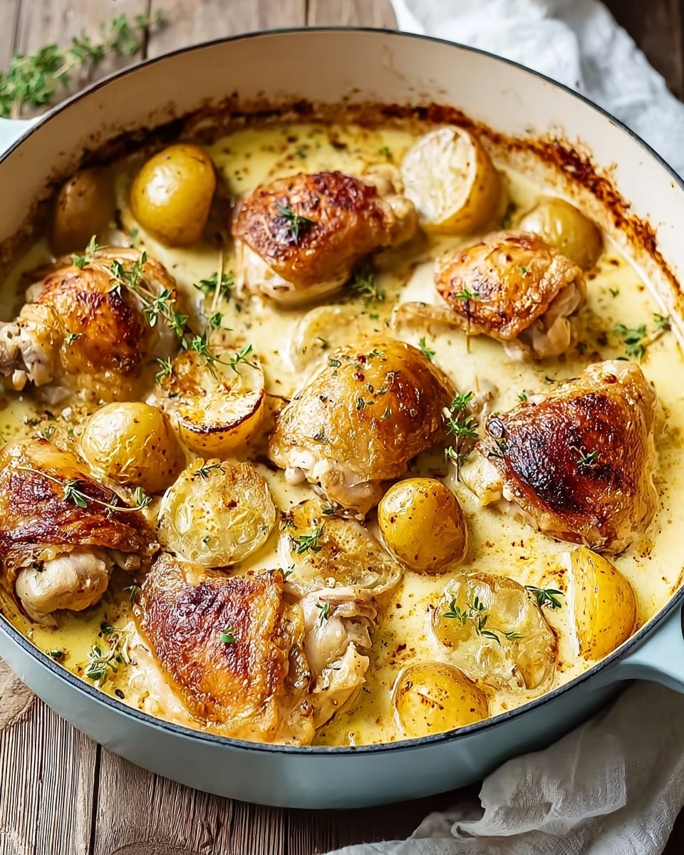 A round light blue pan holds a creamy yellow sauce base with visible herbs and spices mixed in. There are seven browned chicken pieces with crisp golden skin arranged unevenly across the pan. Mixed around the chicken pieces are several halved golden potatoes with a slightly roasted texture. Small sprigs of fresh green thyme are scattered lightly over the sauce and chicken. The edge of the pan shows some browned sauce residue, hinting at cooking. The background features a soft out-of-focus wooden surface with a white marbled textured cloth partially draped near the pan. photo taken with an iphone --ar 4:5 --v 7