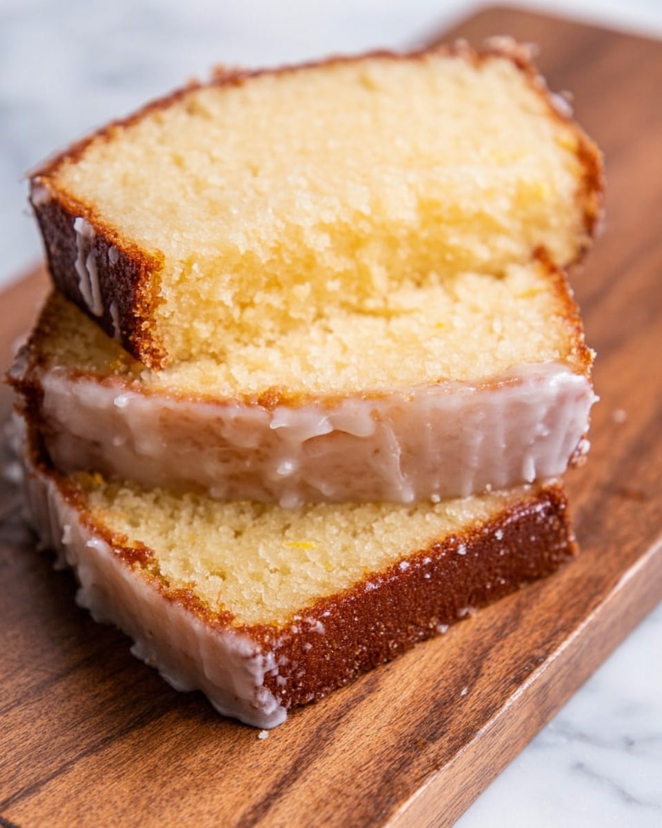 The image shows two thick slices of yellow pound cake stacked slightly on top of each other on a wooden cutting board placed over a white marbled surface. The cake has a moist, dense texture with a browned crust around the edges. A thin layer of white glaze with a glossy, slightly uneven texture covers the top and part of the sides. The overall look is simple and homemade, with soft crumb details visible inside the slice. Photo taken with an iphone --ar 4:5 --v 7
