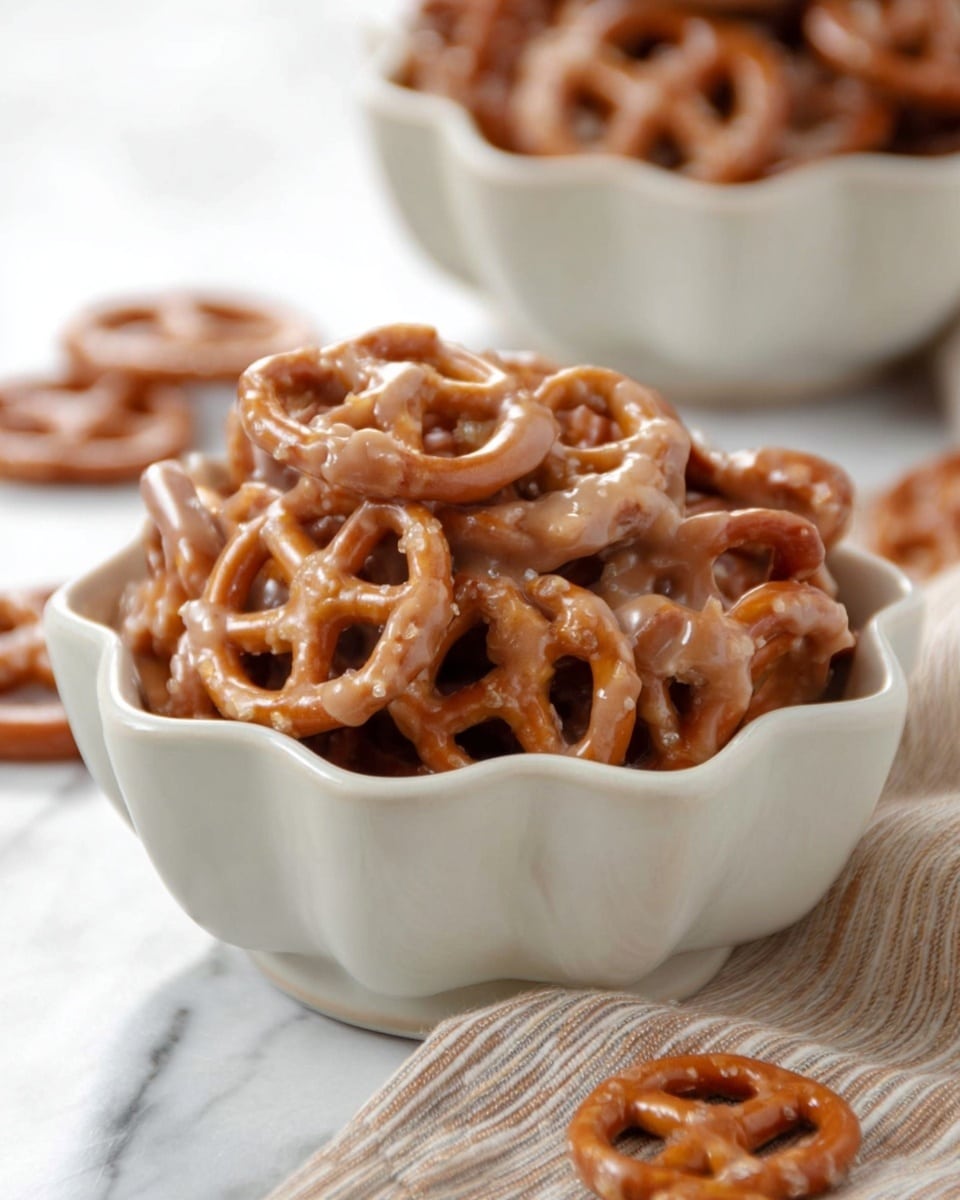 A close-up image of a white scalloped bowl filled with pretzels coated in a smooth, light brown glaze. The pretzels vary slightly in shape and size, with some showing a shiny, thick coating and others a more matte finish, giving a texture of crunchy and sticky layers. The bowl is placed on a white marbled surface, with a soft beige and white striped fabric to the side. In the background, a second, similar white scalloped bowl filled with more glazed pretzels is softly blurred, and a few pretzels lie scattered around the bowls. The overall color palette is warm with glossy browns and neutral whites. Photo taken with an iphone --ar 4:5 --v 7