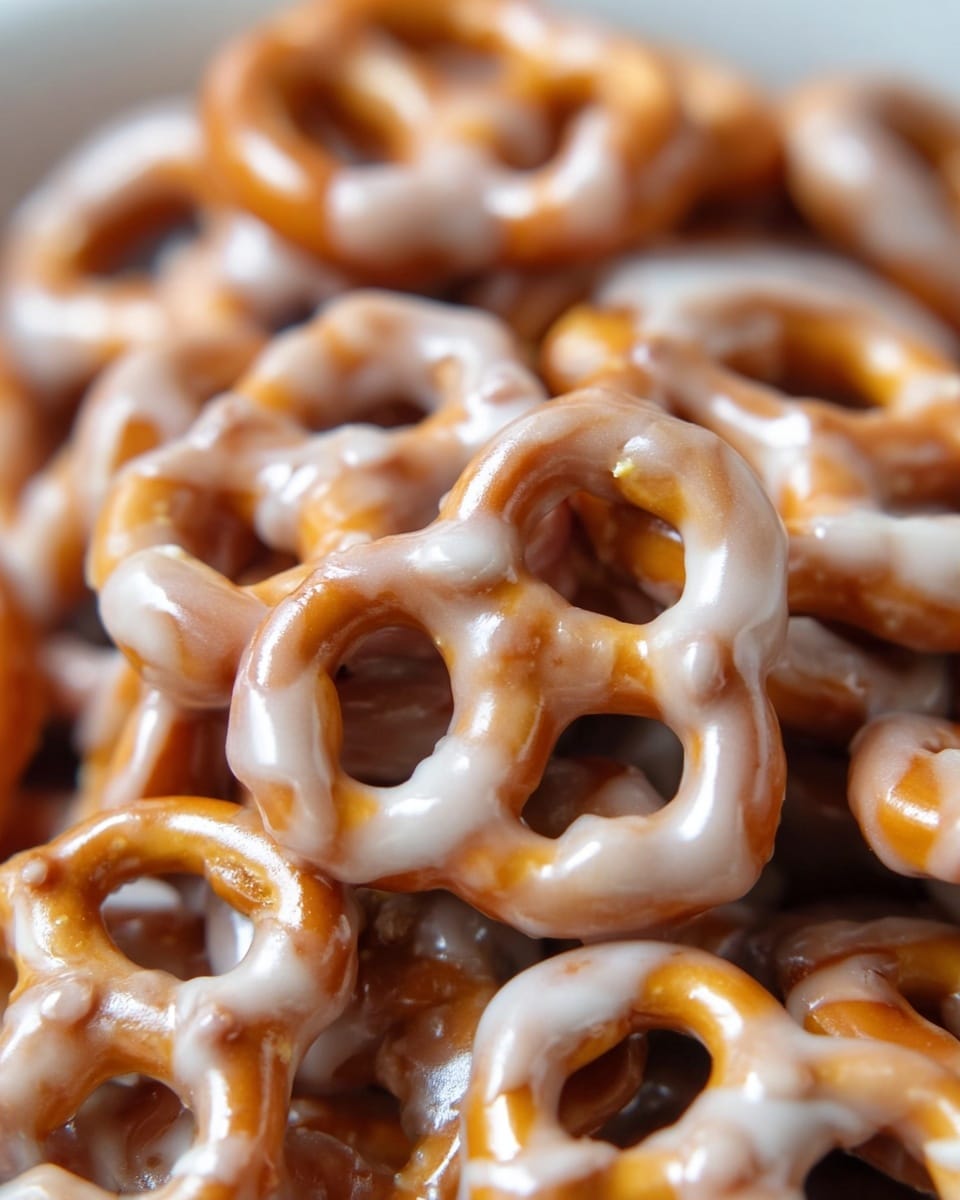 A close-up view of a pile of small pretzels covered with a smooth, shiny white glaze, each pretzel showing a light brown baked color beneath the glaze, creating a mix of white and warm brown tones with a slightly glossy texture. The pretzels are layered unevenly, some overlapping others, showing their distinctive knot shape with round holes and a firm, slightly crisp surface. The background is a soft focus that highlights the pretzels' texture. photo taken with an iphone --ar 4:5 --v 7