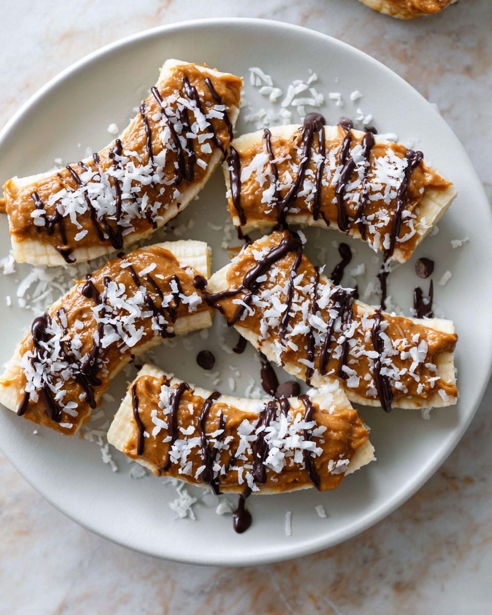The image shows a white round plate with five banana halves arranged in a loose circle. Each banana half is topped with a thick layer of chunky brown peanut butter that has a slightly glossy texture. Over the peanut butter, there is a thin drizzle of dark chocolate, adding thin, shiny dark lines contrasting with the peanut butter. White shredded coconut flakes are sprinkled evenly over all the banana halves, giving a snowy texture on top. The plate sits on a white marbled surface that gives a clean and bright look. photo taken with an iphone --ar 4:5 --v 7