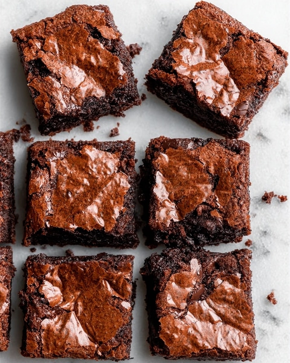 A close-up image of a tall stack of four thick, square chocolate brownies with a cracked, shiny top layer. Each brownie is rich dark brown with gooey melted chocolate chunks visible inside the moist, dense texture. The edges are slightly crumbly, and the glossy cracks on top show a thin, crisp layer contrasting with the soft inside. The background is a white marbled texture that softly blurs out, focusing all attention on the brownies' rich color and texture. Photo taken with an iphone --ar 4:5 --v 7