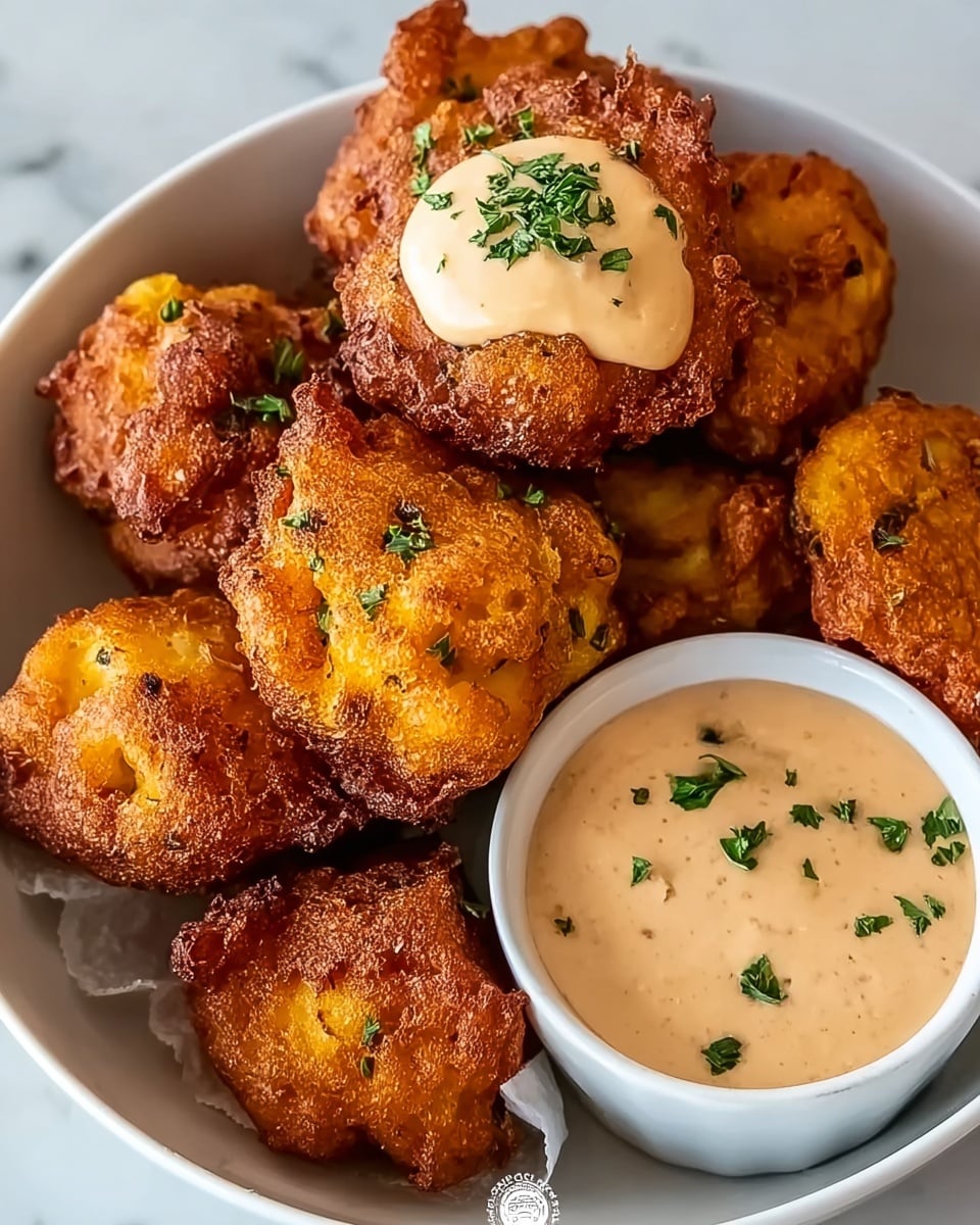 A white bowl filled with about nine golden-brown fried cauliflower pieces, each with a crispy and rough texture; one piece in the center has a dollop of creamy, light beige sauce with small green herb leaves on top. Next to the cauliflower in the bowl is a white cup filled with the same creamy sauce, garnished with a few green herb leaves on its surface. The bowl sits on a white marbled surface. photo taken with an iphone --ar 4:5 --v 7