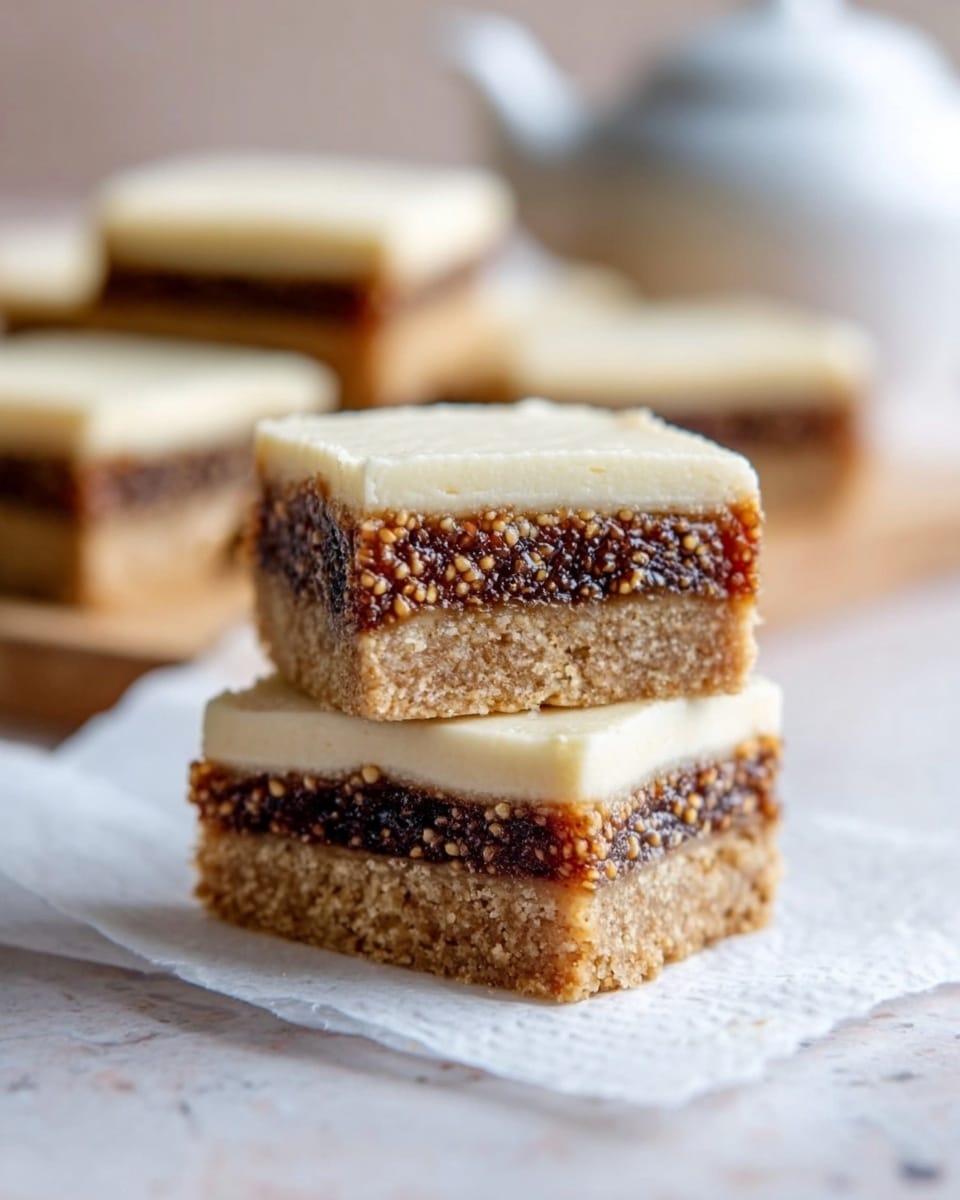 The image shows two stacked square bars on a white marbled texture, each bar having three layers: a thick, crumbly light brown base, a dense middle layer of dark brown fig filling with small visible seeds, and a smooth, creamy off-white top layer that looks like frosting. In the background, there are more bars slightly out of focus and a white teapot blurred softly. The bars sit on a white piece of parchment paper enhancing the clean and simple look, photo taken with an iphone --ar 4:5 --v 7