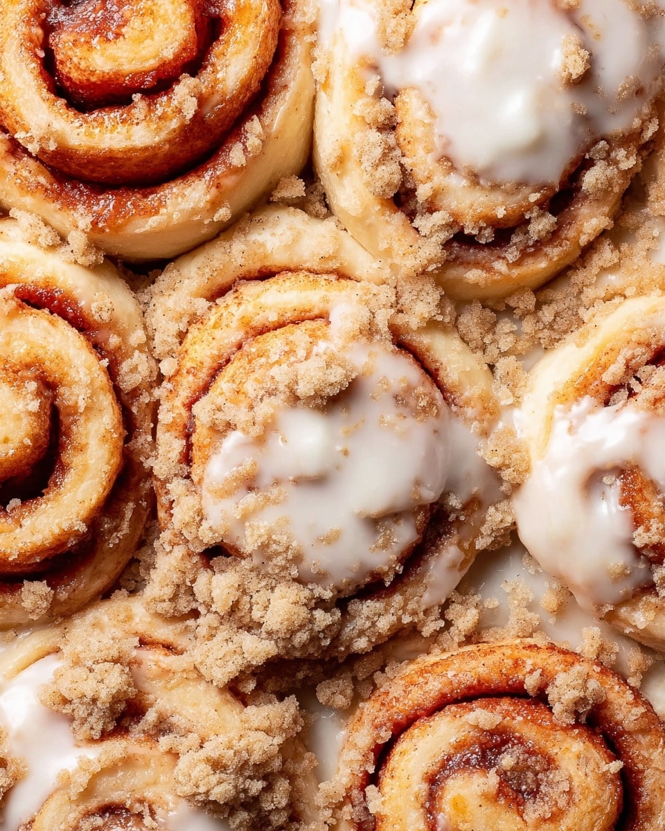 The image shows a close-up top view of several cinnamon rolls arranged tightly together. Each roll has multiple visible layers of golden-brown dough spiraled with a reddish-brown cinnamon filling. Some rolls are topped with a creamy white glaze that looks smooth and slightly melted while others are covered with a crumbly, light tan streusel topping. The texture of the dough appears soft and fluffy, contrasting with the crunchy topping. The rolls rest on a white marbled surface, highlighting their warm tones. photo taken with an iphone --ar 4:5 --v 7