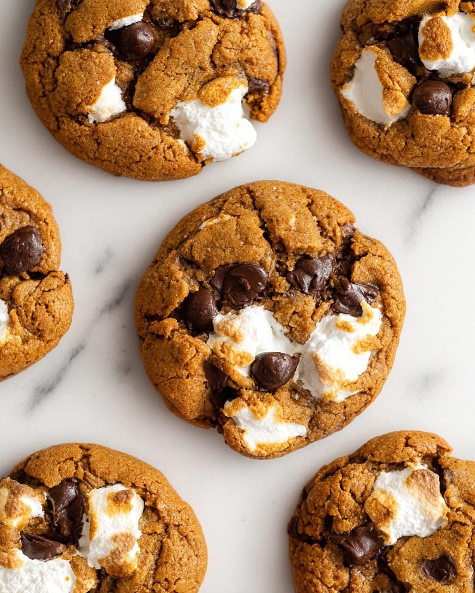 A close-up view of a white cooling rack on top of a white marbled surface, filled with freshly baked cookies. Each cookie is round and golden brown, with a slightly cracked texture on top. They are studded with melted dark brown chocolate chips and toasted white marshmallows that are slightly browned on the edges. The cookies are arranged close to each other, showing a soft and gooey consistency in the mix of crispy and chewy textures. photo taken with an iphone --ar 4:5 --v 7