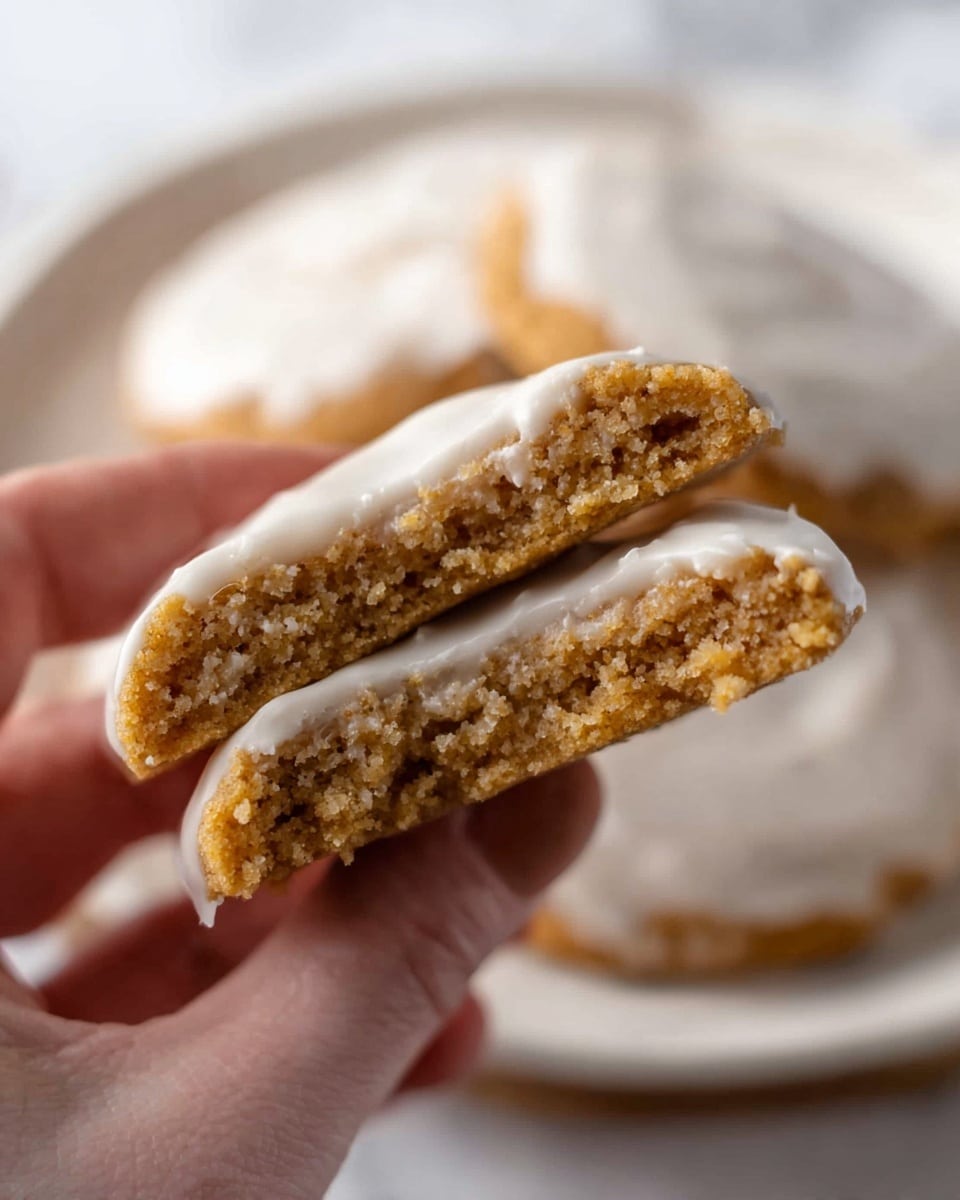 A close-up image shows a woman's hand holding a round cookie broken in half, displaying two layers: a soft, crumbly, golden-brown inside and a smooth, thin white icing layer covering the top and edges of each half. The background features more cookies, slightly blurred, resting on a white plate set on a white marbled surface. The lighting highlights the texture of the cookie’s inside and the glossy icing. photo taken with an iphone --ar 4:5 --v 7