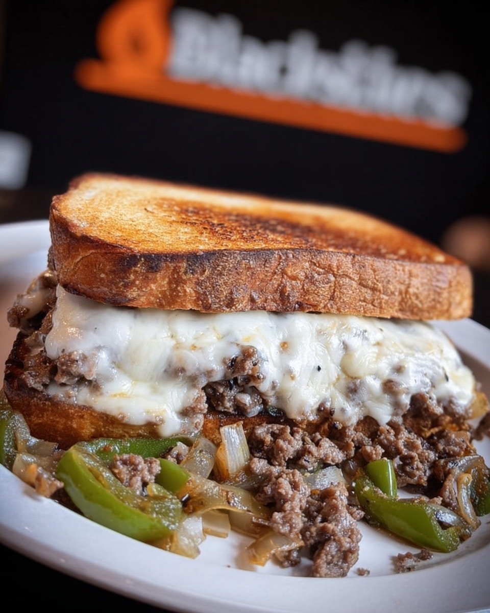 A sandwich with three clear layers on a white plate: the bottom layer is cooked green peppers and onions, looking soft and slightly shiny; the middle layer has small pieces of cooked brown beef that appear tender; the top layer is melted white cheese, thick and creamy, covering the meat and vegetables. The sandwich is held together by a toasted bread slice on top, golden brown with a slight crisp texture. The background shows a blurred black and orange sign, and the photo is taken with an iphone --ar 4:5 --v 7