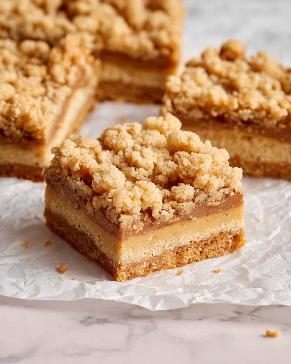 The image shows square dessert bars with three visible layers. The bottom layer is a thick, firm base with a rough oatmeal-like texture in a pale golden color. The middle layer is smooth and creamy, light brown in color, appearing thick and fudgy. The top layer is crumbly and uneven, made of small pieces of golden-brown streusel that look crunchy. The dessert bars are placed on crumpled white parchment paper, set against a white marbled surface. Photo taken with an iphone --ar 4:5 --v 7
