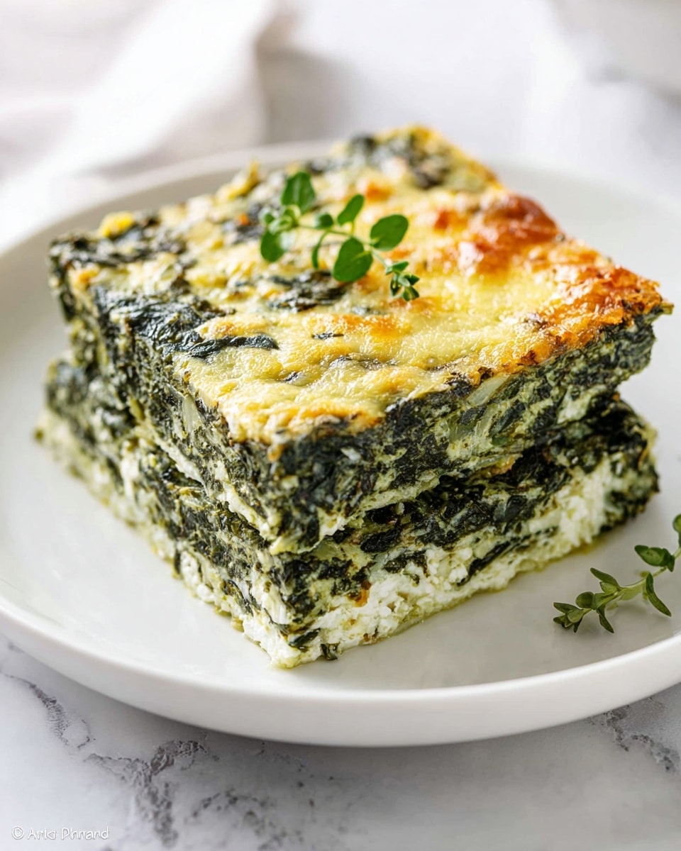 A square piece of spinach and cheese casserole with two visible layers sits on a white plate. The top layer is dark green with leafy spinach mixed with melted, light yellow cheese, creating a textured surface. Below, the second layer is a mix of green spinach and white cheese, slightly browned at the bottom edges. A small sprig of fresh green herb rests on top, adding a touch of color. The plate is set on a white marbled surface, enhancing the bright and fresh look of the dish. photo taken with an iphone --ar 4:5 --v 7