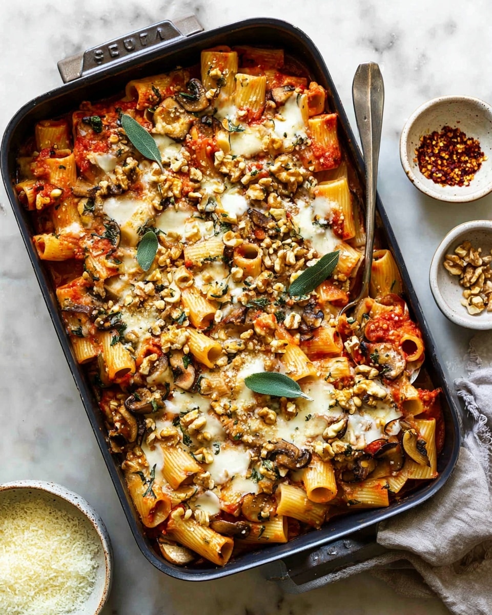 A rectangular black baking dish holds one layer of rigatoni pasta coated in red tomato sauce, mixed with sautéed mushrooms and green herbs spread evenly throughout. Melted white cheese is scattered on top, partially covering the pasta, followed by a generous sprinkle of light brown chopped walnuts and small green sage leaves placed on the surface. The dish sits on a white marbled texture, with a small white bowl of crushed red pepper flakes at the top right and a small rustic white bowl filled with grated cheese at the bottom left. A spoon rests inside the dish on the left side, ready to serve. Photo taken with an iphone --ar 4:5 --v 7