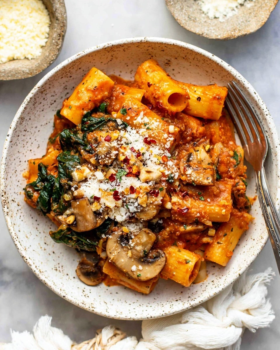 A close-up view of a white speckled shallow bowl filled with three main layers: large rigatoni pasta coated in rich orange-red sauce on the bottom, sautéed spinach and sliced brown mushrooms scattered evenly in the middle, and a sprinkling of grated white cheese with red pepper flakes on top. The cheese melts slightly over the veggies and pasta, adding a creamy texture. A silver fork rests on the right edge of the bowl, partially buried in the pasta. The bowl sits on a white marbled surface with a small bowl of grated cheese nearby, and a white cloth with a tied string is partly visible at the bottom right corner. photo taken with an iphone --ar 4:5 --v 7