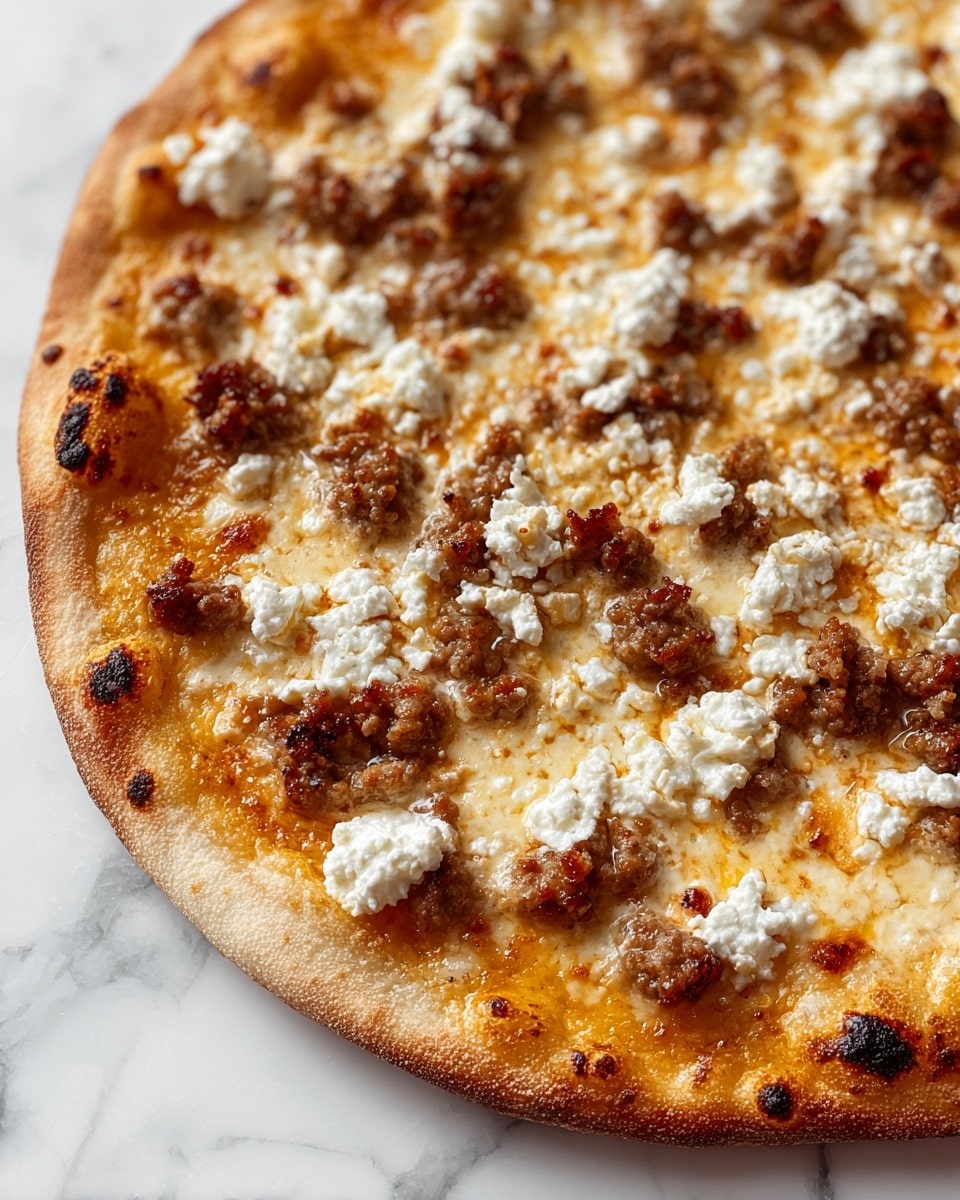 Close-up of a pizza with a thin, golden-brown crust that has some small charred spots around the edge. The first layer is melted, creamy white cheese covering the whole pizza. On top of the cheese, there are browned, crumbled sausage pieces scattered all over. Small dollops of white ricotta cheese are placed unevenly across the pizza, adding texture and contrast. The pizza sits on a white marbled surface, showing rich details of the melted cheese and meat. Photo taken with an iphone --ar 4:5 --v 7
